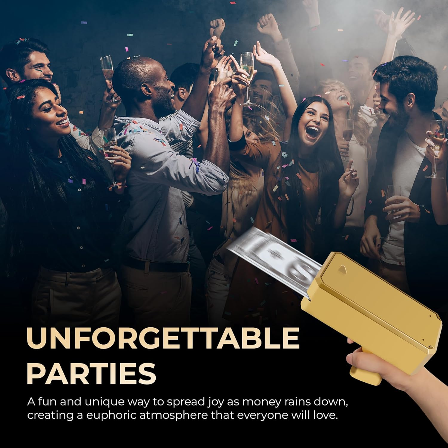 Gold Make It Rain Money Gun - Handheld Spray Cash Gun with 200 Pcs for Game Movies Party Supplies (Golden) image number 1