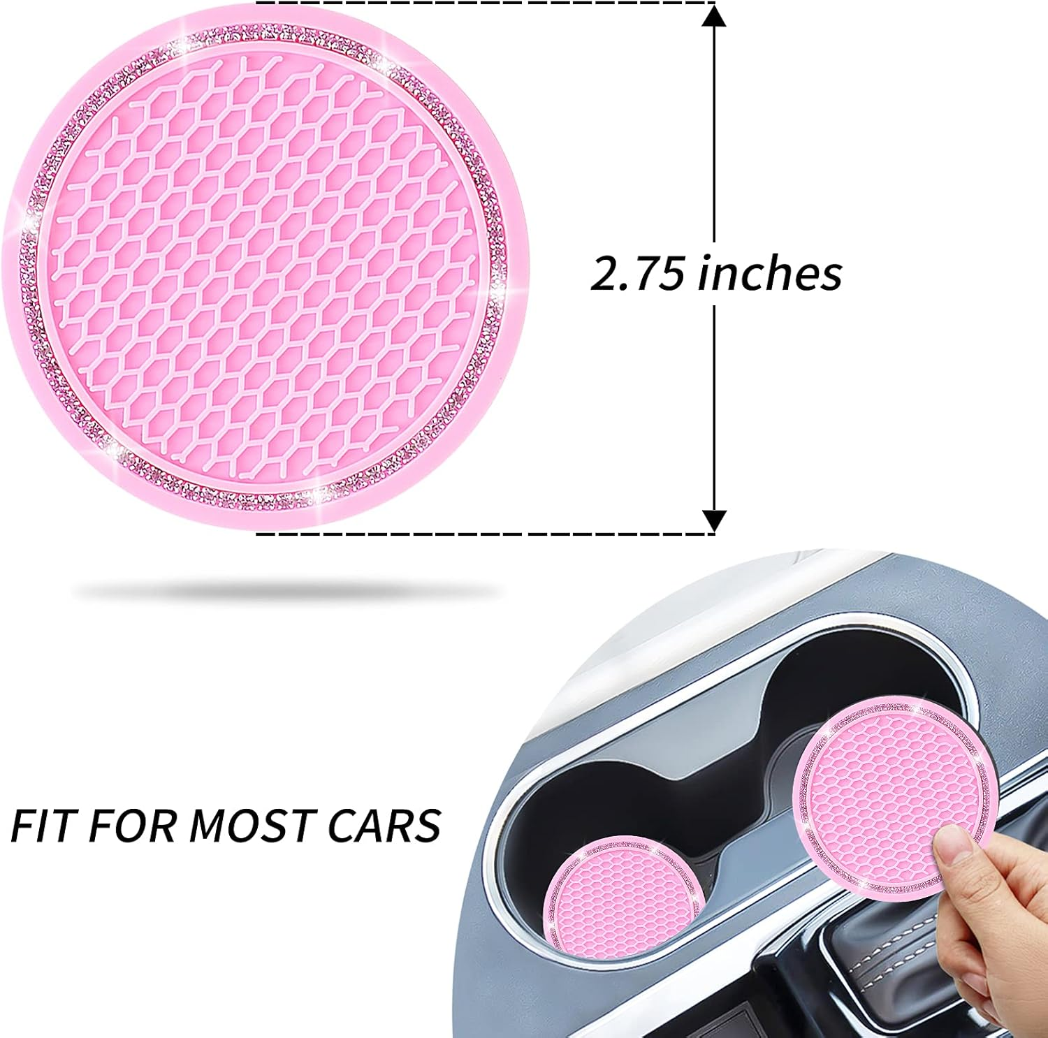 Cup Holder Coasters for Car, Senose Rhinestone Car Accessories for Women and Girl, Universal Anti-Slip Silicone Car Coaster, Diamond Vehicle Interior Decorations (Pink-2 Pcs) image number 6