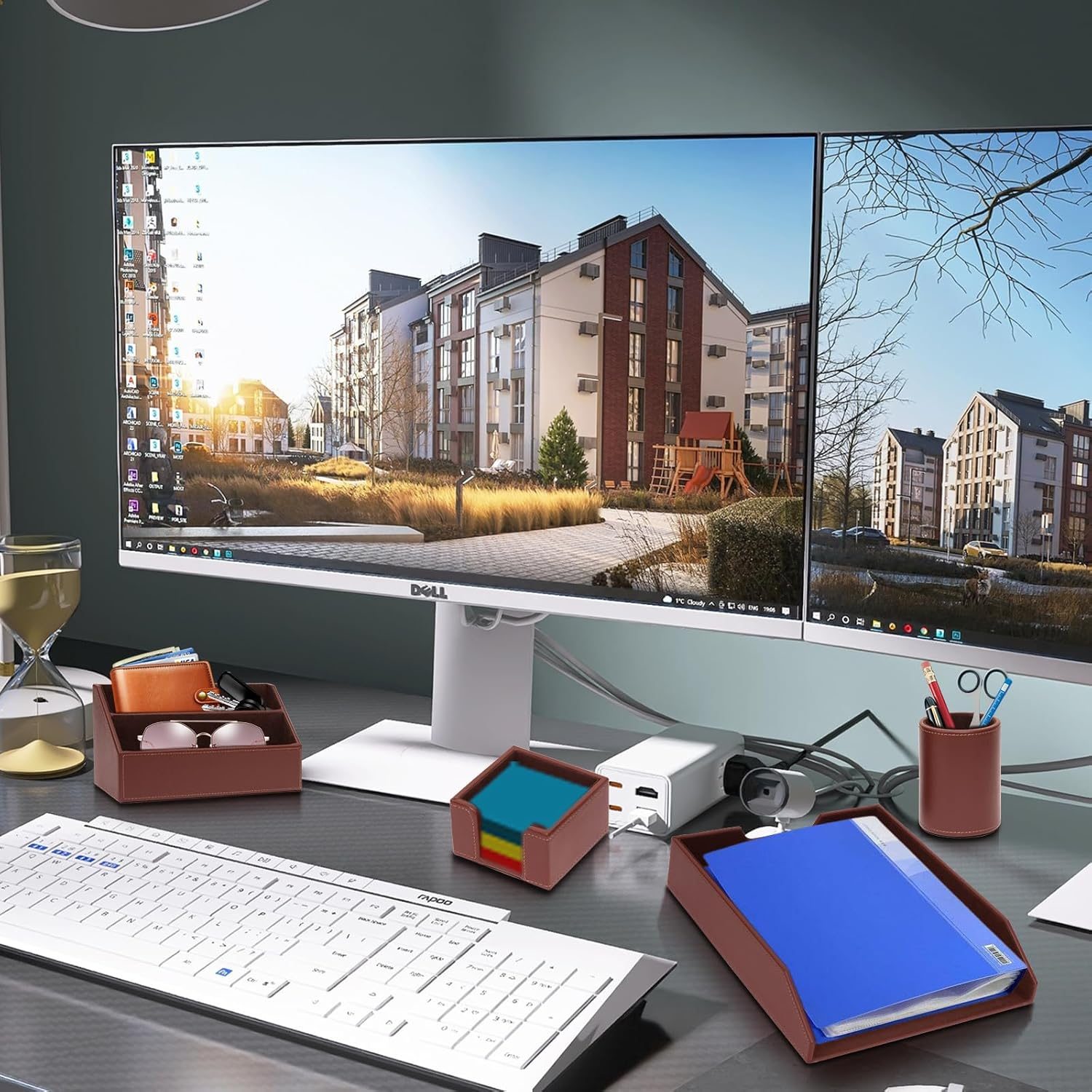 XNONE Office Supplies PU Leather 6-Piece Desk Organizer with Writing Pad, Letter Tray, File Folder Sorter, Pen Cup, Note Holder, Business Card Holder - Brown - Black image number 2