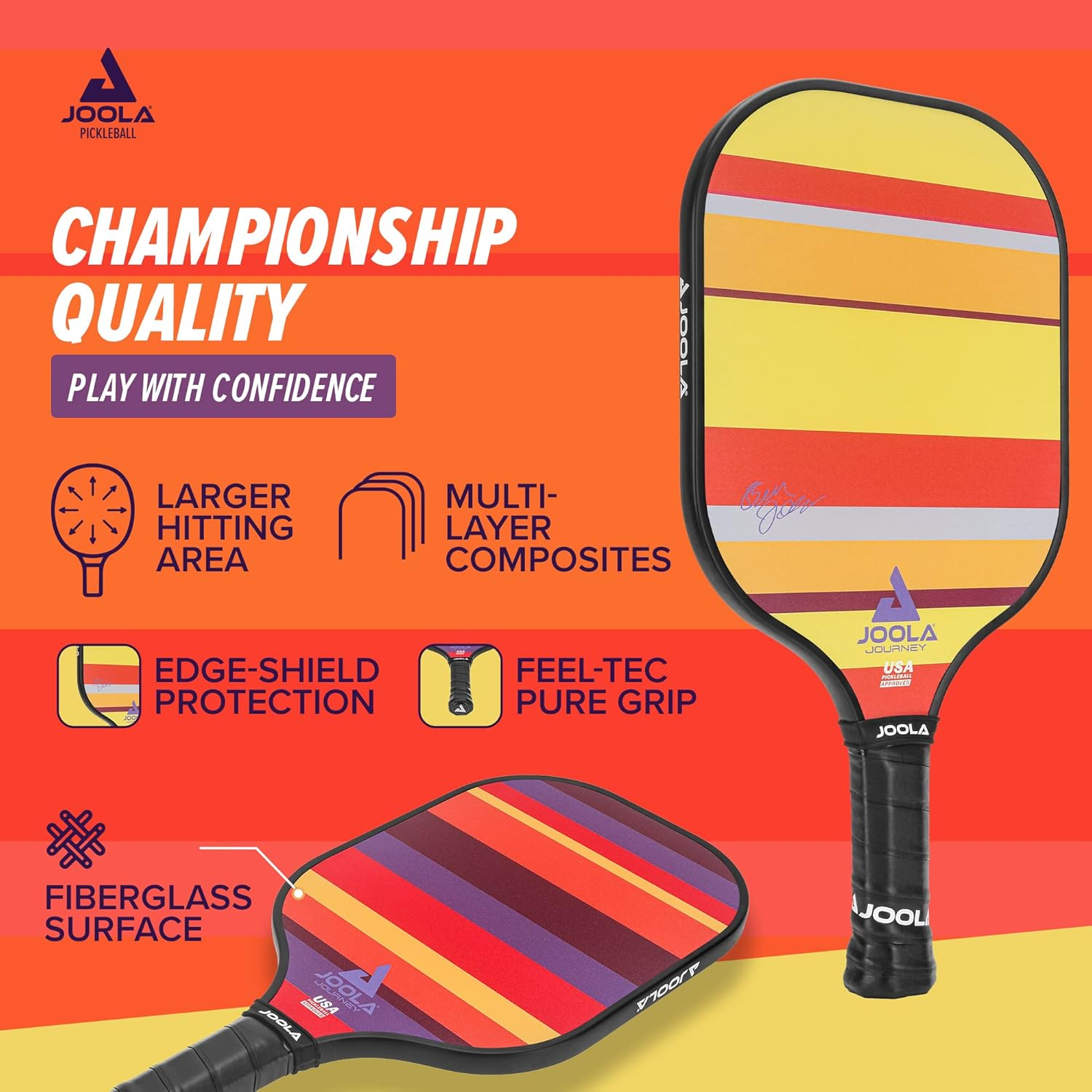 JOOLA Journey Pickleball Paddle &ndash; Fiberglass Graphite Surface for More Power &ndash; Lightweight Pickleball Paddle W/Increased Control - Multiple Colors & Designs - USAPA Approved