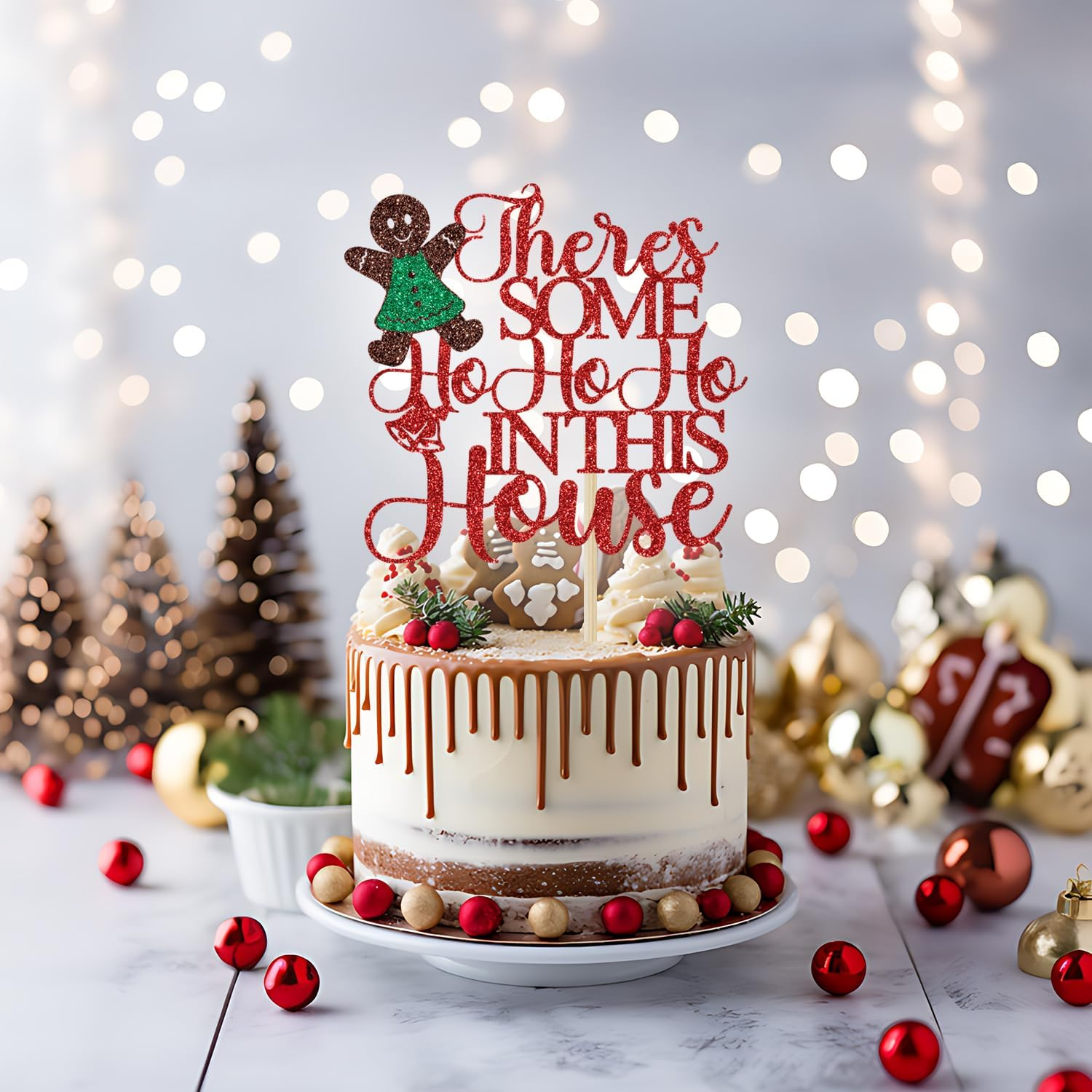 There'S Some Ho Ho Ho in This House Cake Topper, Xmas Holiday Cake Picks, Funny Christmas Cake Decorations, Christmas Party Decoration Supplies Red Glitter image number 1