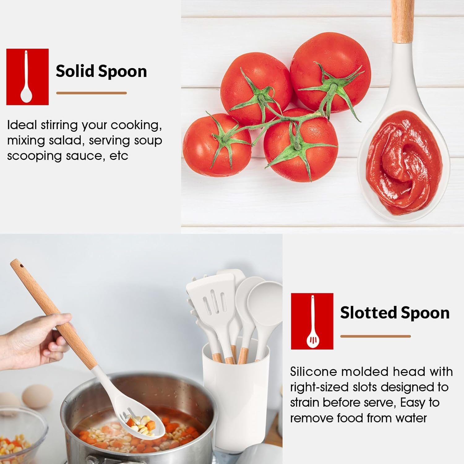 E-Far White Cooking Utensils Set of 6, Silicone Kitchen Utensils with Wooden Handle, Non-Stick Cookware Friendly & Heat Resistant, Includes Spatula/Ladle/Slotted Turner/Serving Spoon/Spaghetti Server image number 6