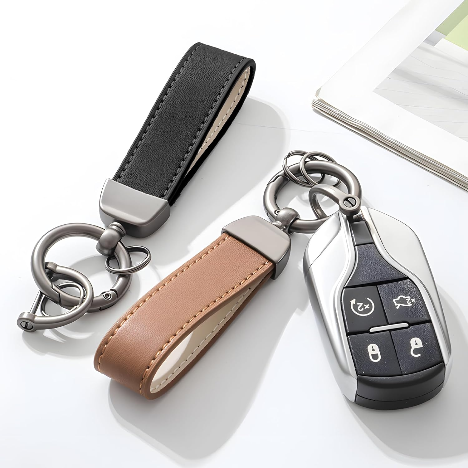 Premium Leather Keychain with Key Ring, Universal Car Key Holder for Men & Women, Genuine Leather Wristlet Key Fob Chain with Anti-Lost D-Ring, 4 Key Rings & 2 Mini Screwdriver image number 1