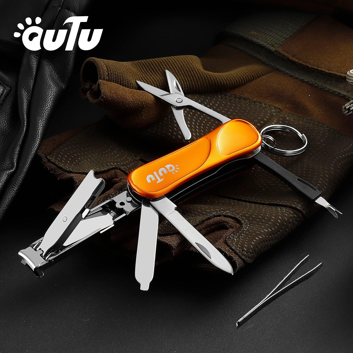 OUTU Keychain Nail Clipper Multitool, 7 in 1 EDC Utility Tool with Nail Clipper, Scissors, Gifts for Him Men Husband Dad Boyfriend (Orange) image number 4