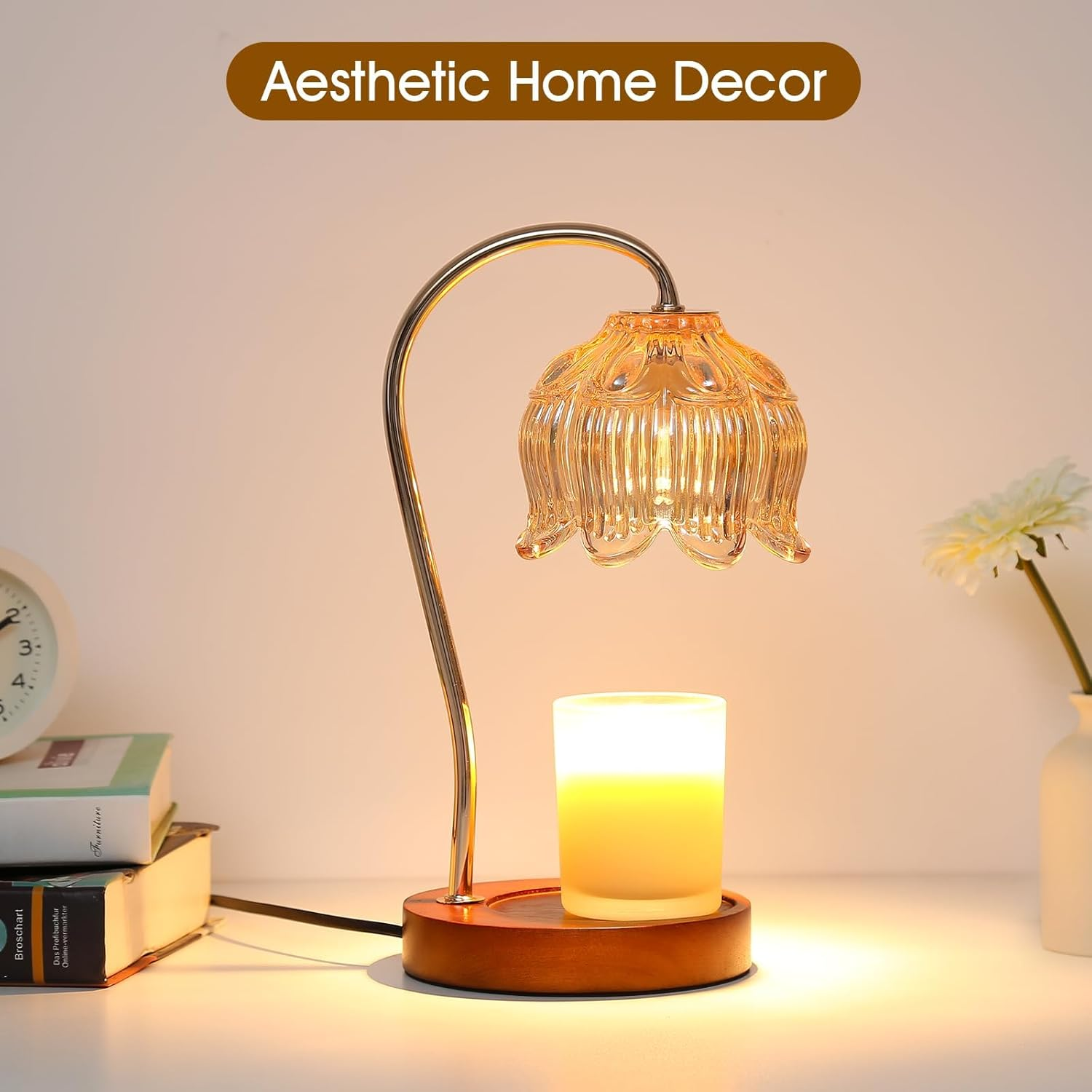 Flower Candle Warmer Lamp with Dimmable Timer for Jar Candles,Vintage Style Lotus Design Bedroom Decor Lamp,Includes 2 Bulbs for Ambient Lighting (Flower) image number 5
