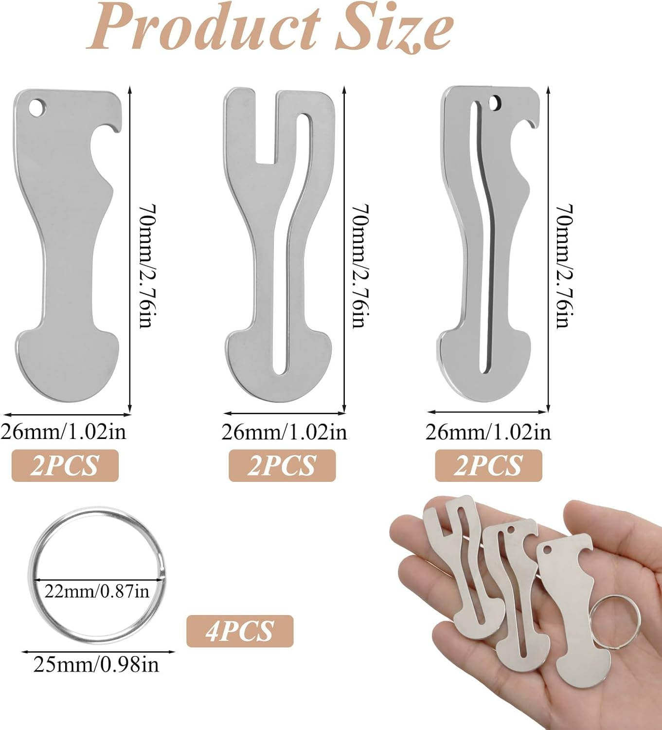 6 Pcs Shopping Trolley Key, Adaptable Versatile Keychain as Bottle Opener, Universal Fit Supermarkets Shopping Cart with Modern Metal Anti-Lost Design and 3 Shapes (Titanium Steel & Silver) image number 4