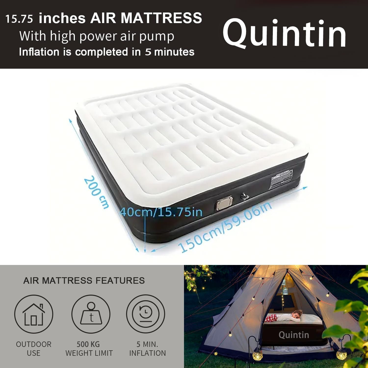 Quintin Air Queen Size Mattress Air Bed Queen with Built in Pump, Foldable Portable Inflatable Mattress, 500Kg Weight Capacity Blow up Air-Mattress Suitable for Guests, Indoors and Camping (Black) image number 5