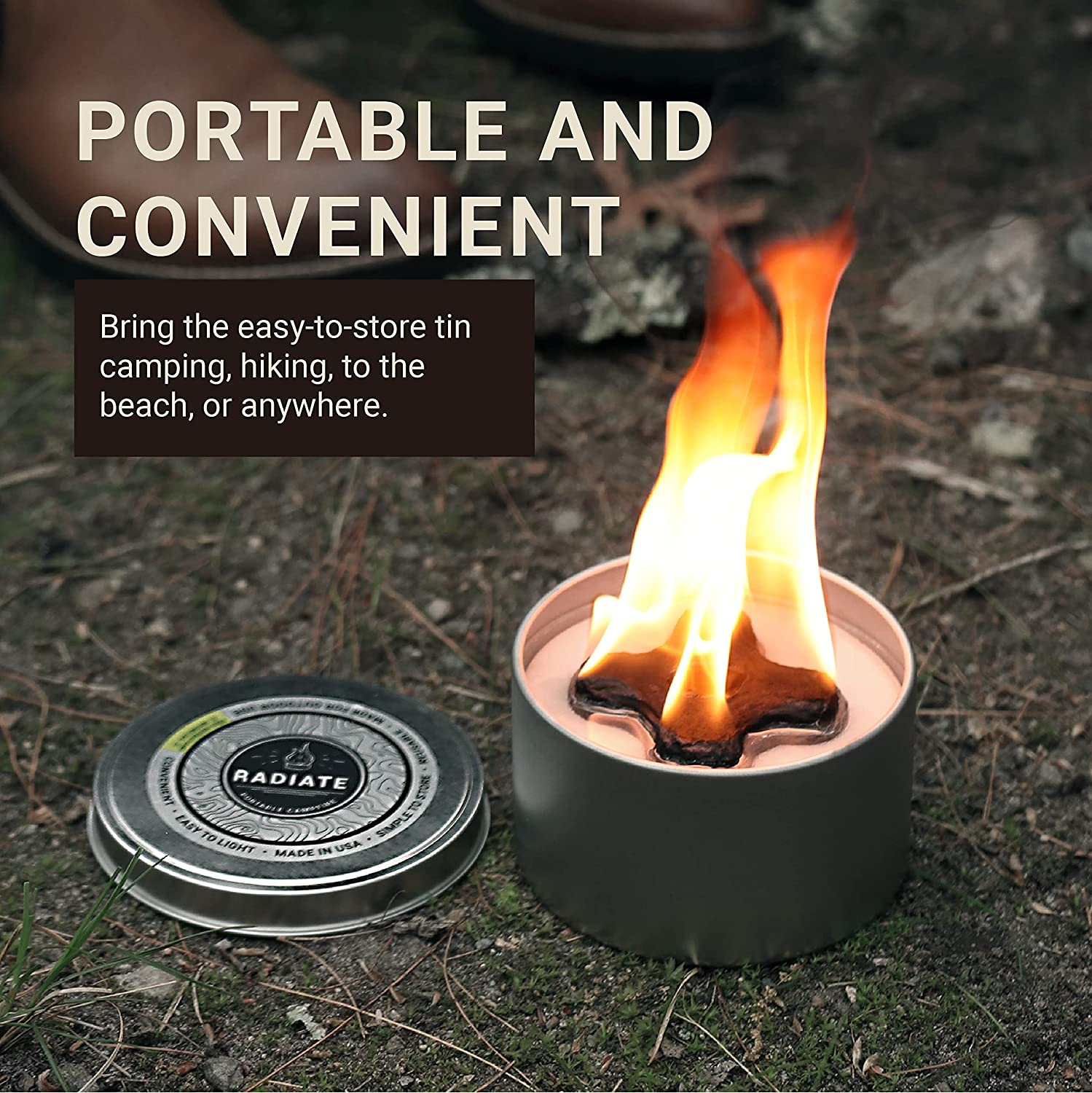 Radiate 2-Pack Portable Tabletop Firepit Campfire in a Can - 4" White Modern - 2 Hours Warmth & Burn Time - Soy Wax Portable Fire - Lightweight Camping Fire & Safe Tabletop Firepit image number 1