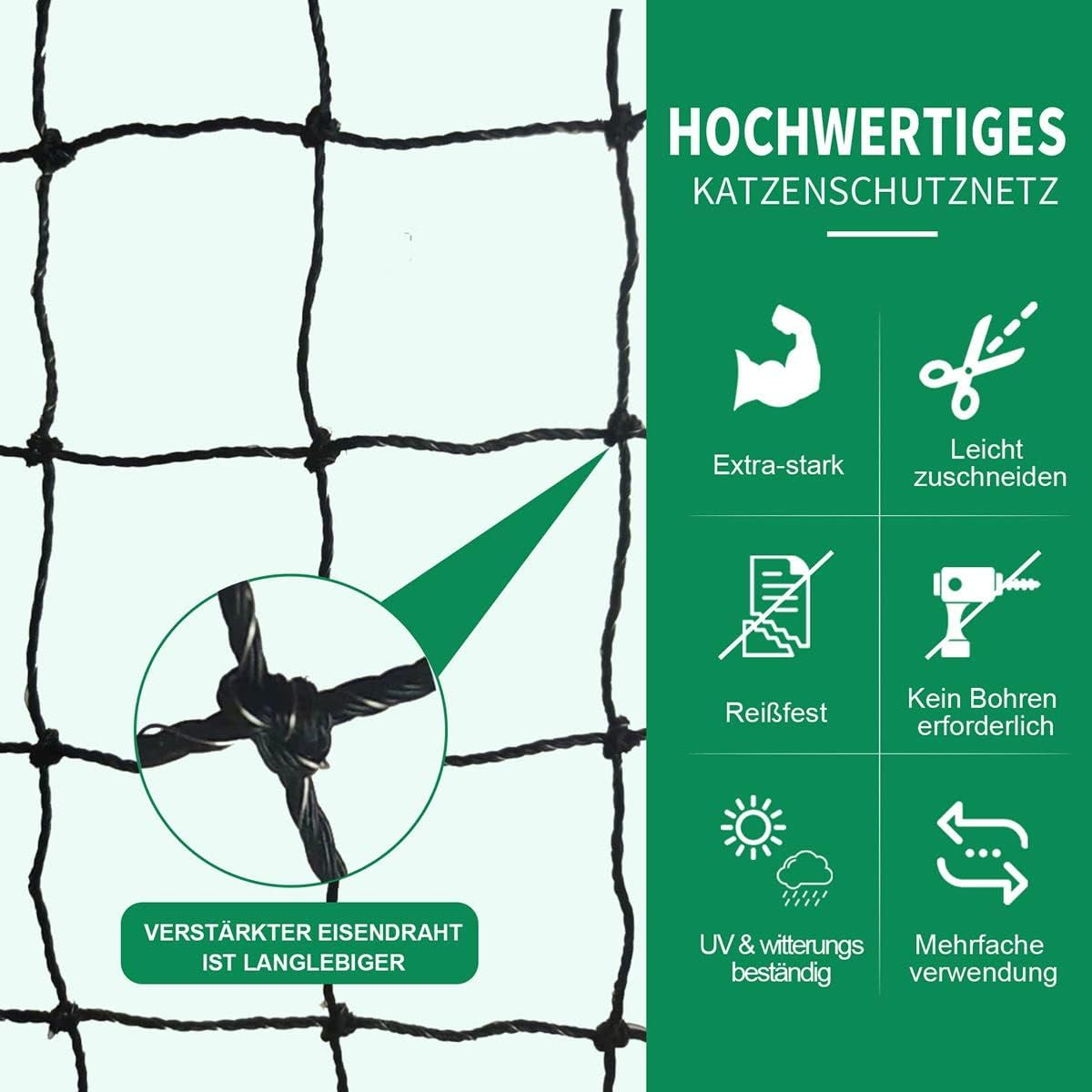 Tatamiyya Cat Net for Balcony, 6 X 3 M Cat Net, Wire-Reinforced, Robust, Uv-Resistant and Weatherproof, Protective Net for Balconies and Windows (Black)