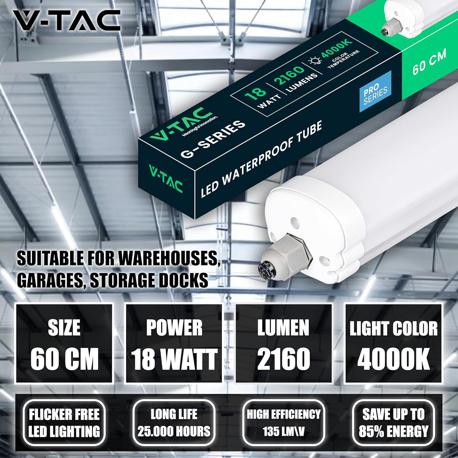 V-TAC Pro Series Waterproof LED Strip 60 Cm &ndash; 18 W &ndash; High Brightness &ndash; Rectangular Ceiling Light 2160 Lumen IP65 for Ceiling, Garage, Shop, LED Tube &ndash; Light 4000 K Neutral White image number 3
