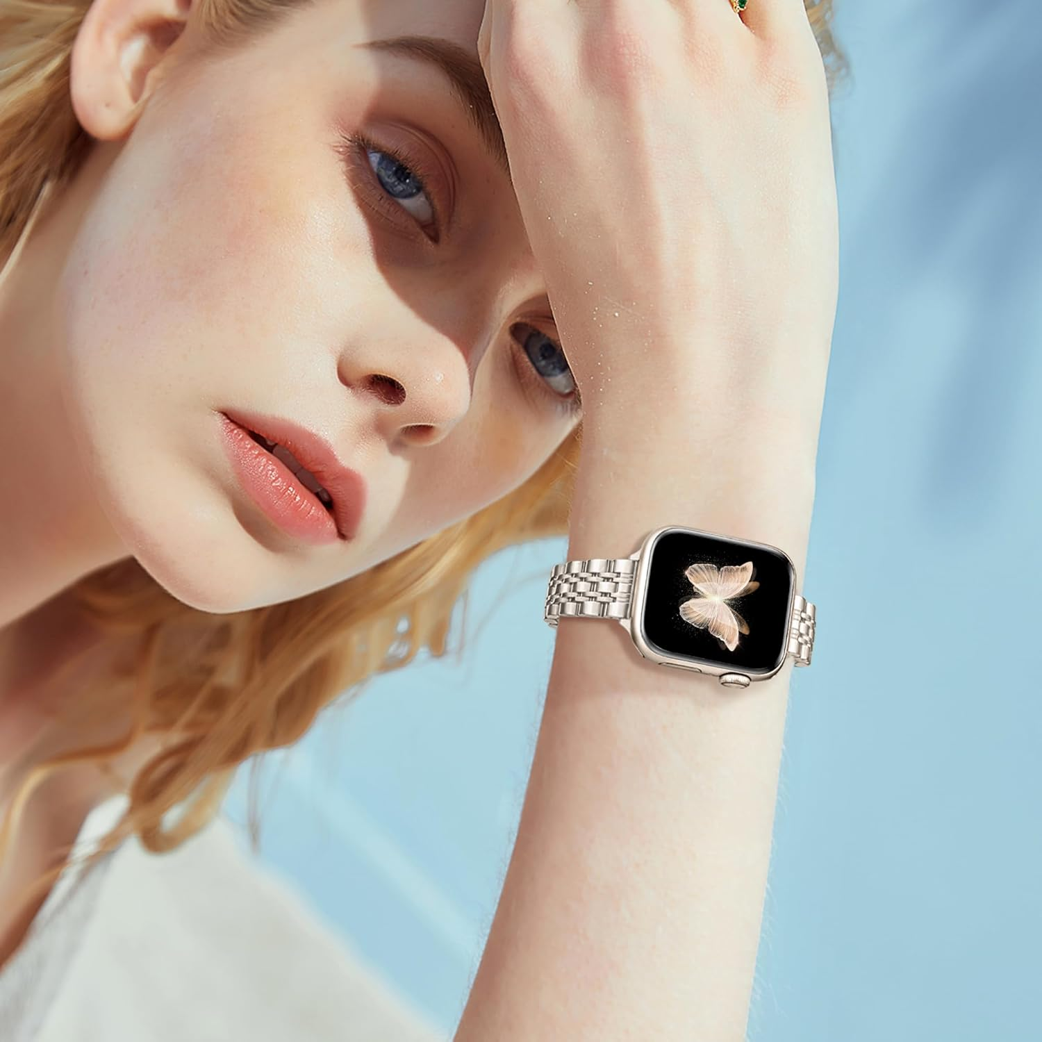 Ocaer Compatible with Apple Watch Strap 42Mm 41Mm 40Mm 38Mm, Slim Stainless Steel Metal Band for Apple Watch Series 10 9 8 7 6 5 4 3 2 1 SE, Elegant Apple Watch Bracelet for Women (Starlight) image number 2