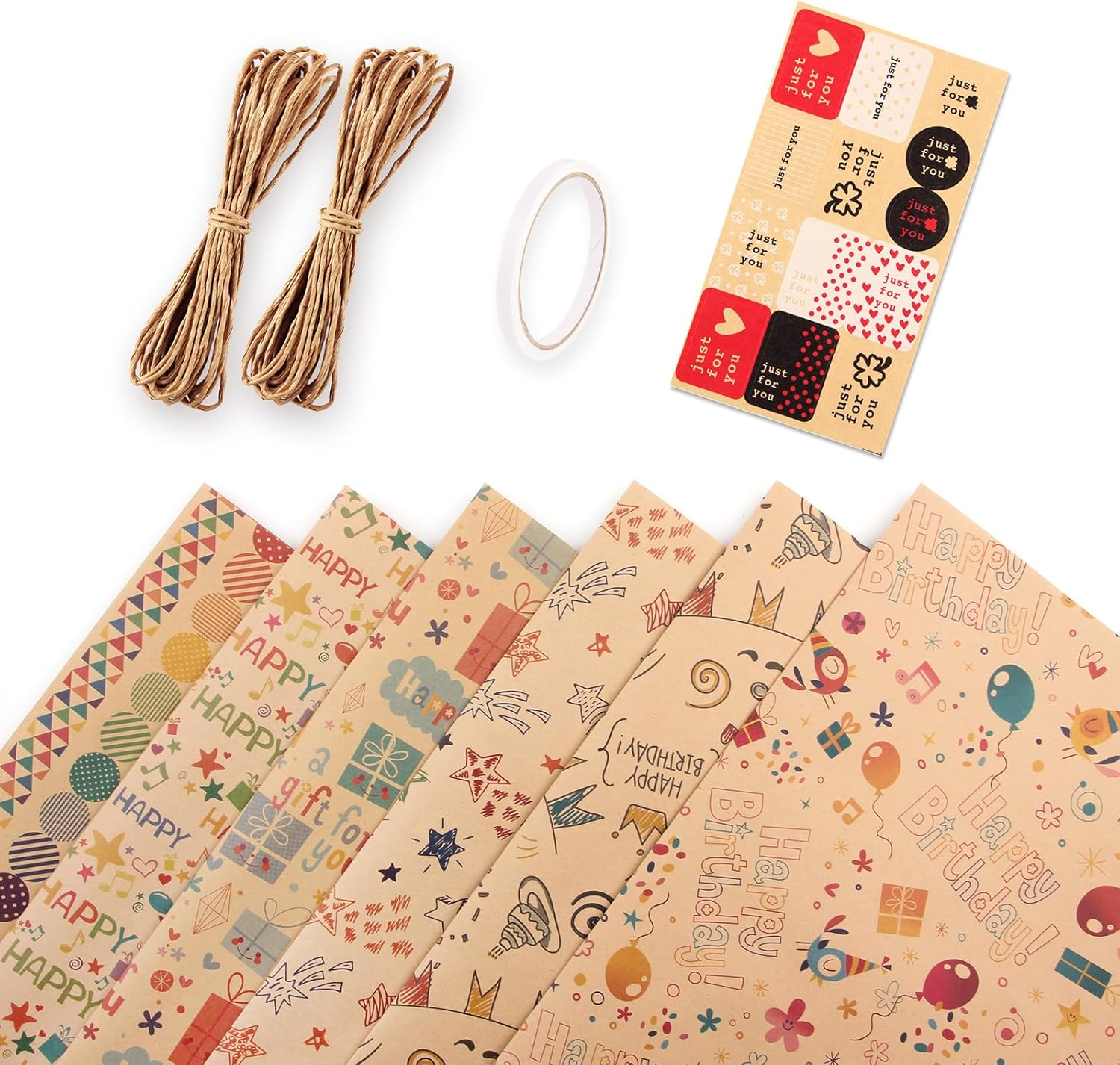 XBOGO 6PCS Kids Birthday Wrapping Paper Recycled 50 * 70Cm Happy Birthday Gift Wrapping Paper for Boys Girls Women Men Birthday Celebration, with Ribbons Stickers and Tape (Birthday Set) image number 2
