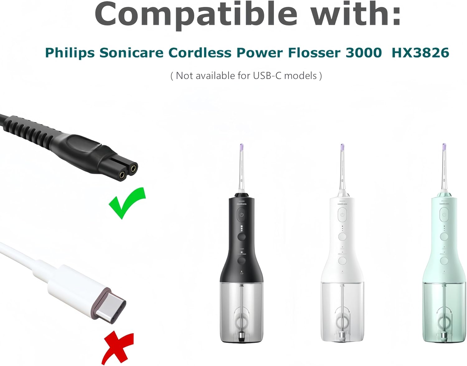 Qjin USB Charger Cable for Philips Sonicare Cordless Power Flosser 3000, 2 Pack image number 3