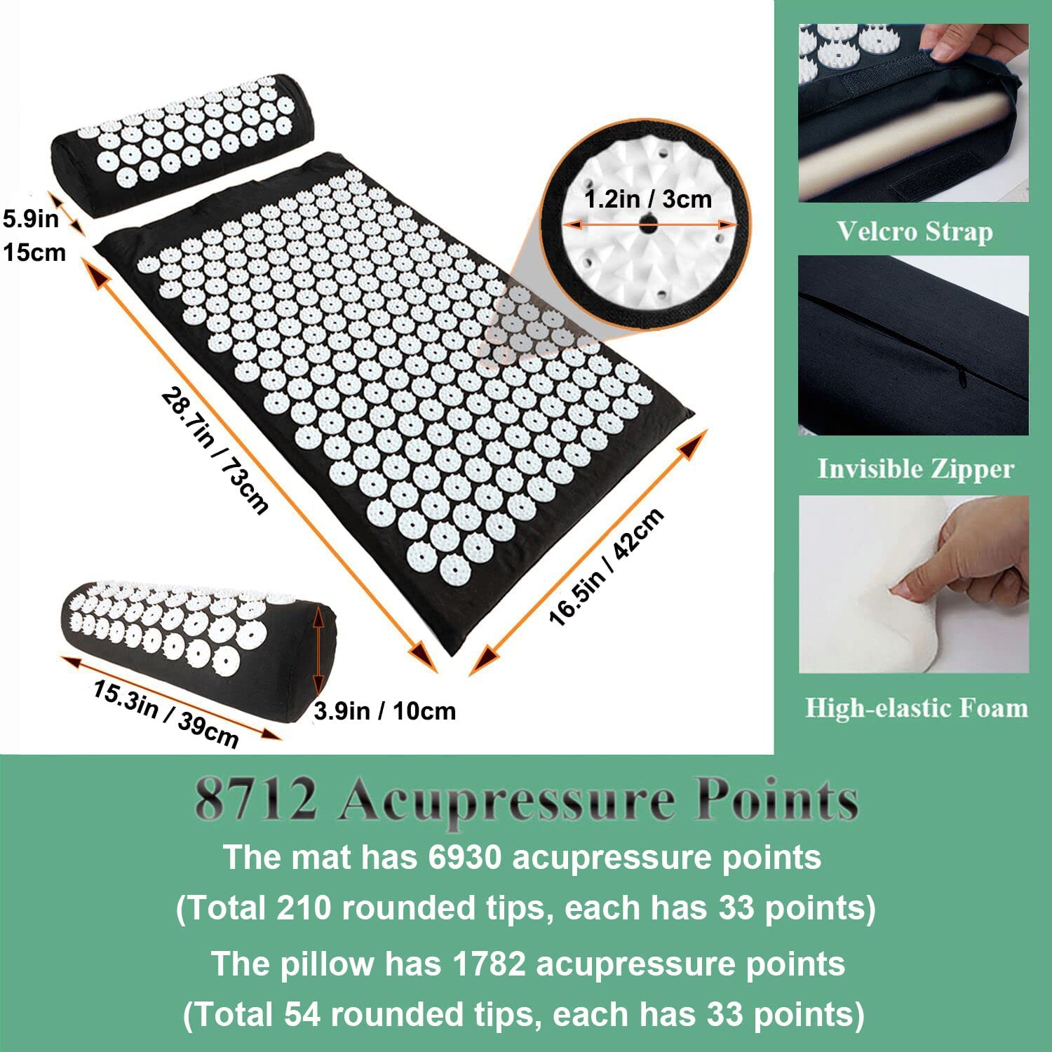 Yoga Acupressure Mat and Pillow Set with Bag - Extra Long 73X42Cm Massage Acupuncture Mat - Naturally Relax Back, Neck and Feet Muscles - Stress and Pain Relief (Black) image number 6