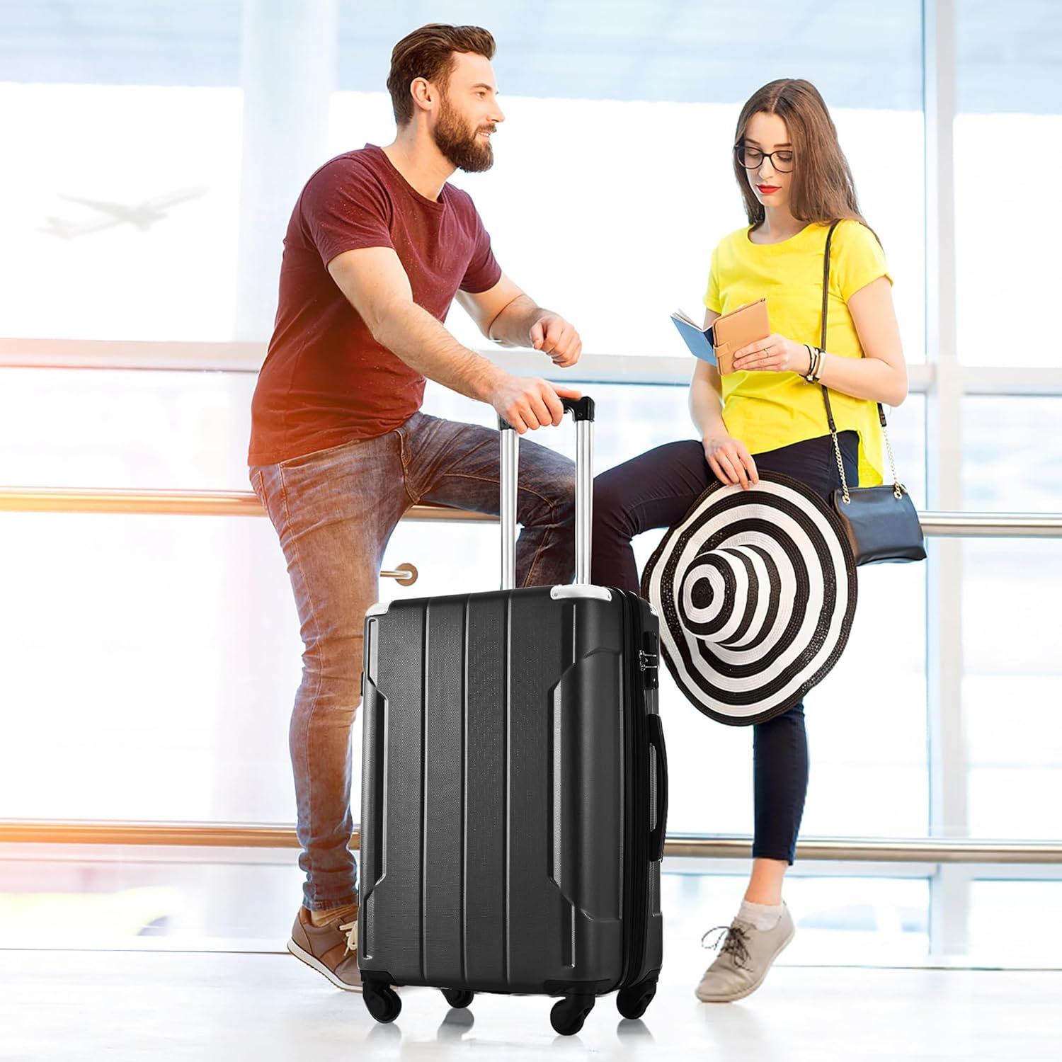 3 Piece ABS Luggage Travel Sets with Spinner Wheels 24'' and 28'' Expandable Suitcase TSA Approved Lock 3-Level Telescopic Handle Corner Protection Shield Black as Shown One Size, Black As image number 4