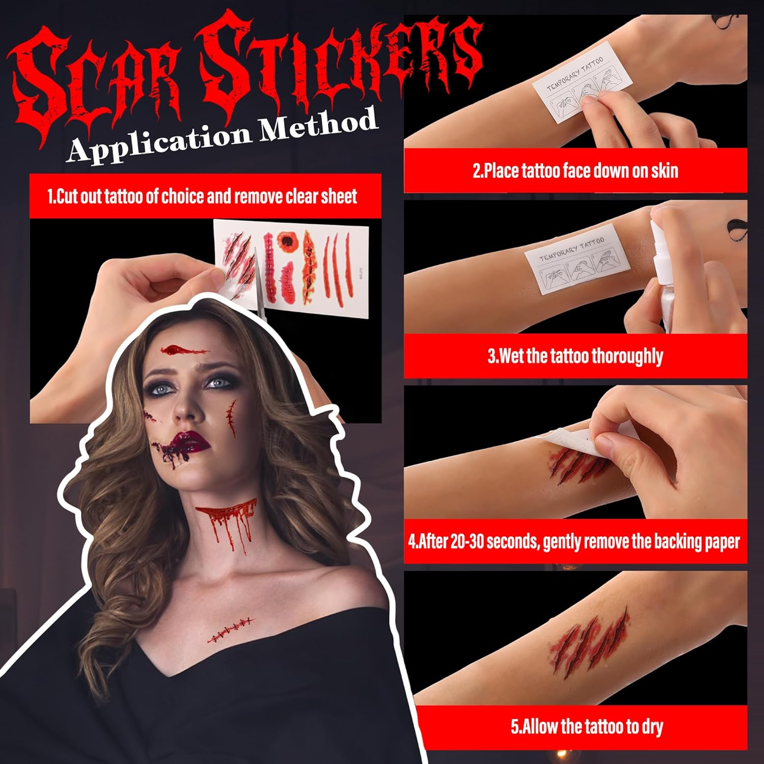 Vaneria Halloween Fake Blood Makeup Kit,Realistic Washable SFX Makeup with 50Ml Blood Splatter, 50Ml Sticky Blood, Sponge,4 Fake Scars & 4 Fluorescent Tattoo Stickers for Zombie, Vampire Cosplay image number 4