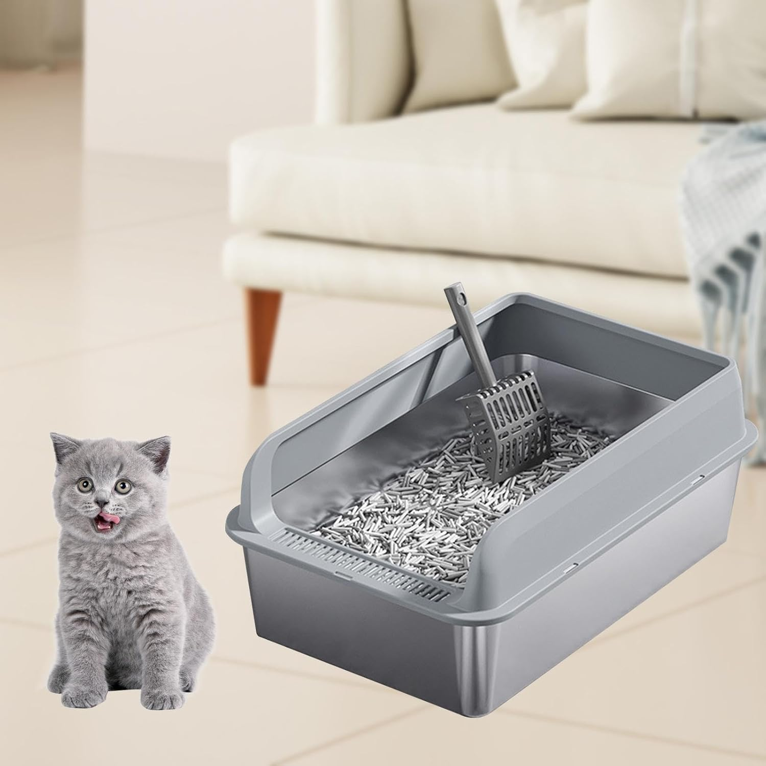 Yajuyi Sleek Stainless Steel Cat Litter Box for Easy Maintenance, Light Grey and M image number 6