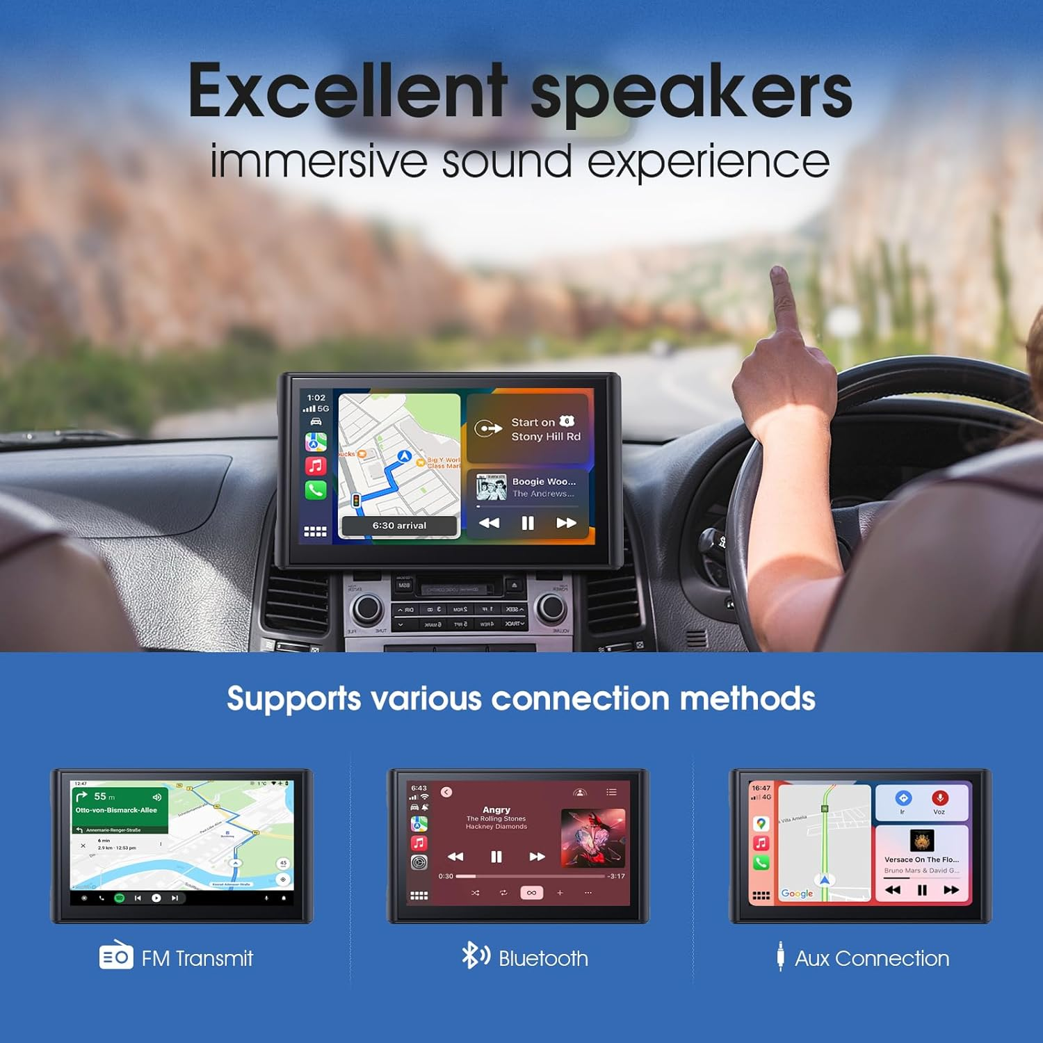 KTX Portable Apple Carplay Screen, 7&rsquo;&rsquo; Car Stereo Wireless Car Play & Android Auto Touch Screen, Backup Camera, Mirror Link/Voice Control/Music Play/Gps Navigation image number 3