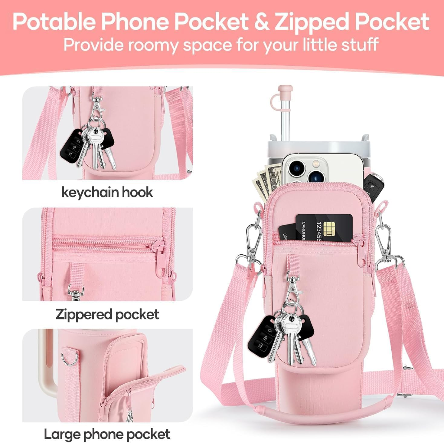 AIROLDI Bag for Stanley Cup 1.2 L / 40 Oz Stanley Cup Accessories, Water Bottle Carry Bag with Mobile Phone Pocket, Carabiner and Adjustable Shoulder Strap, for Travel, Hiking, Running, Cycling - Blue image number 6