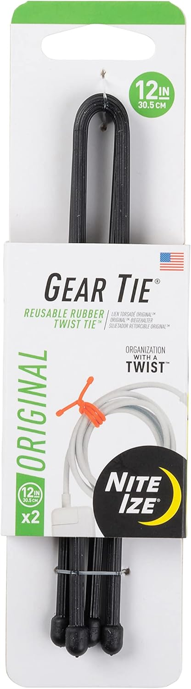 Nite Ize GT12-01-2R3 Original Gear, Reusable Rubber, 12 Inch, Black, 2-Pack, Made in the USA Twist Tie, 2 Count (Pack of 1)