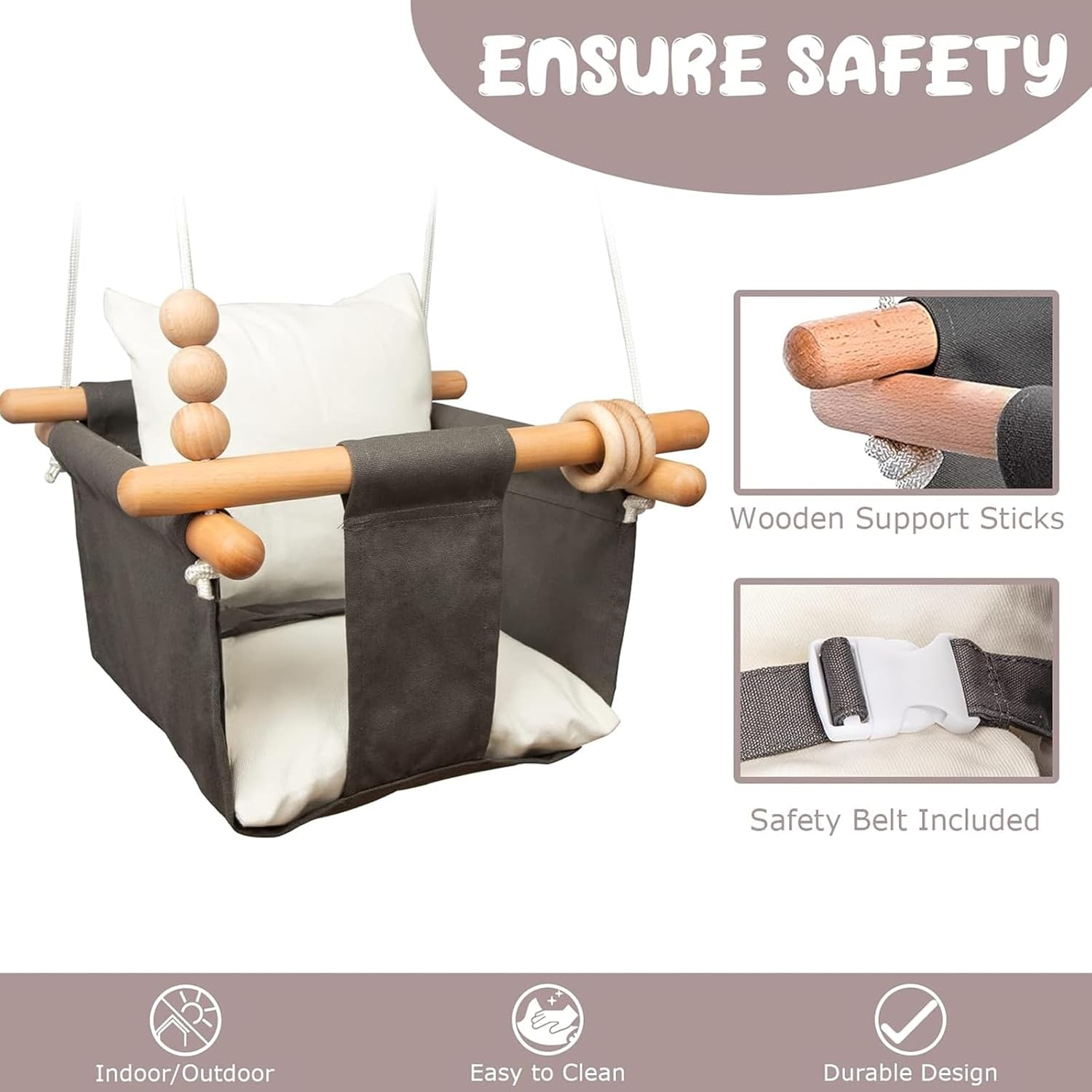 Baby Swing Seat, Visuivit Durable Canvas Hanging Swing for Outdoor/Indoor Use with Canvas Cushion & Safety Belt, Swing Sets for Baby Hammock Toy Backyard (White & Grey) - Grey image number 4