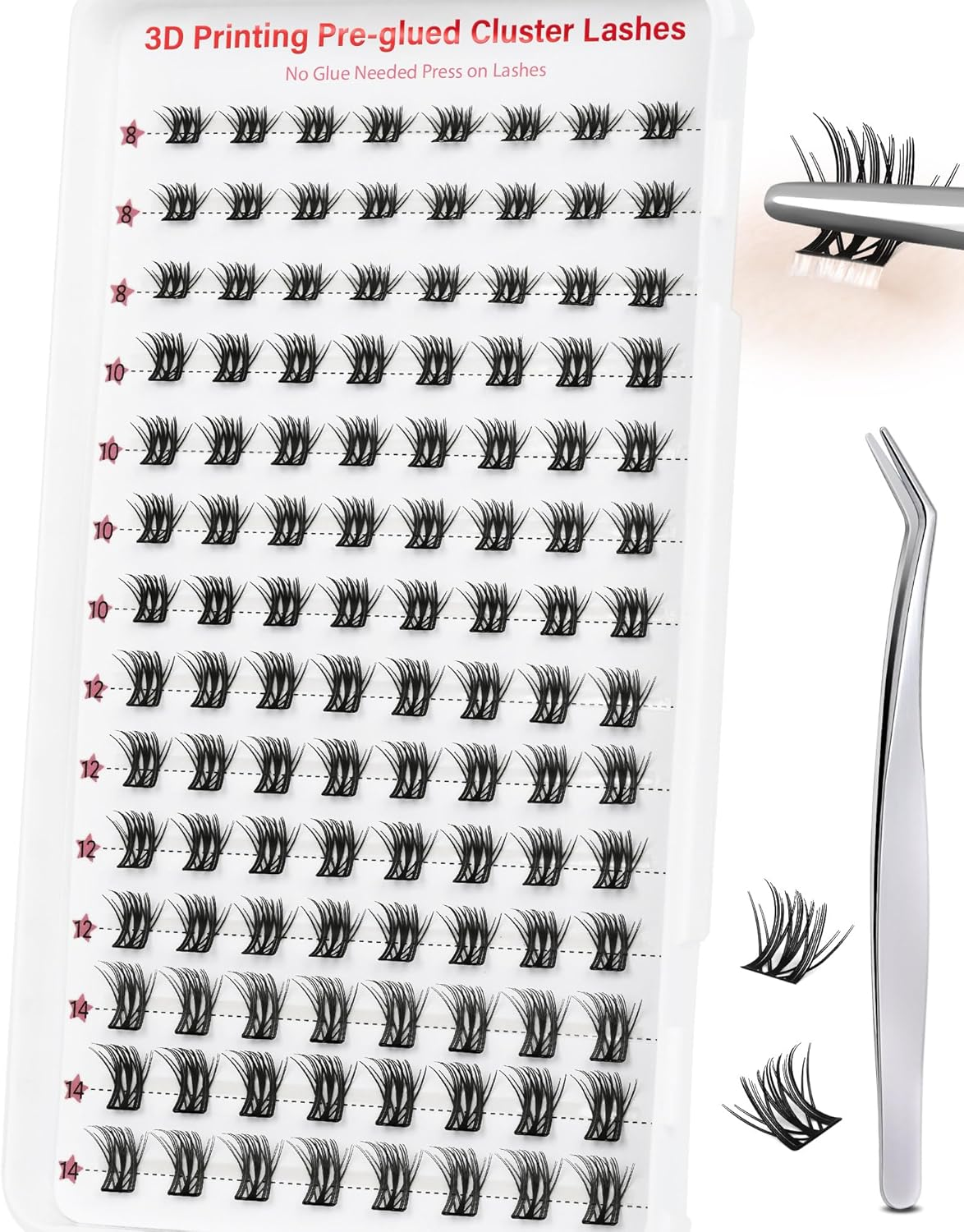 LZM Pre Glued Cluster Lashes Self Adhesive Lashes Clusters Natural with Tweezers No Glue Needed Press-On Eyelashes 8-14Mm Wispy Eyelash Extensions DIY at Home (KLSH44A)