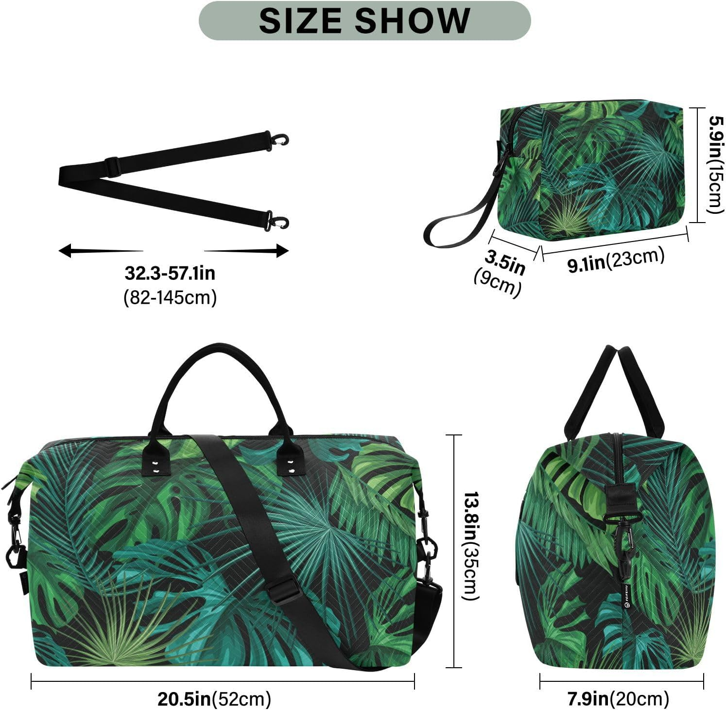Large Bag Weekender/Overnight Duffel Tropical Plant Leaves Green Workout Bag with Adjustable Strap for Business, Tropical Plant Leaves Green, Set of 2, Art Deco image number 6