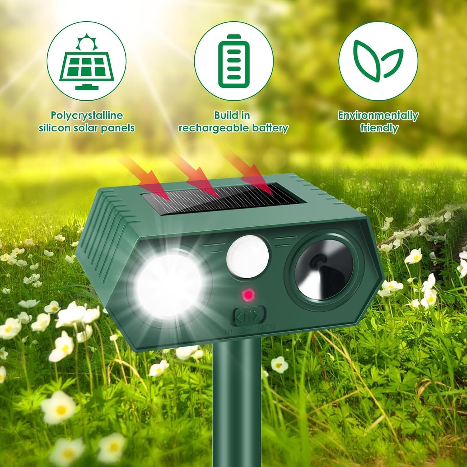 ​Cyperever Solar Powered Ultrasonic Animal Repeller Outdoor, Cat Repellent Possum Deterrent Bird Deterrent Snake Repellent, Motion Sensor & Flash Light for Dogs Foxes Rodents​​ (2) image number 2
