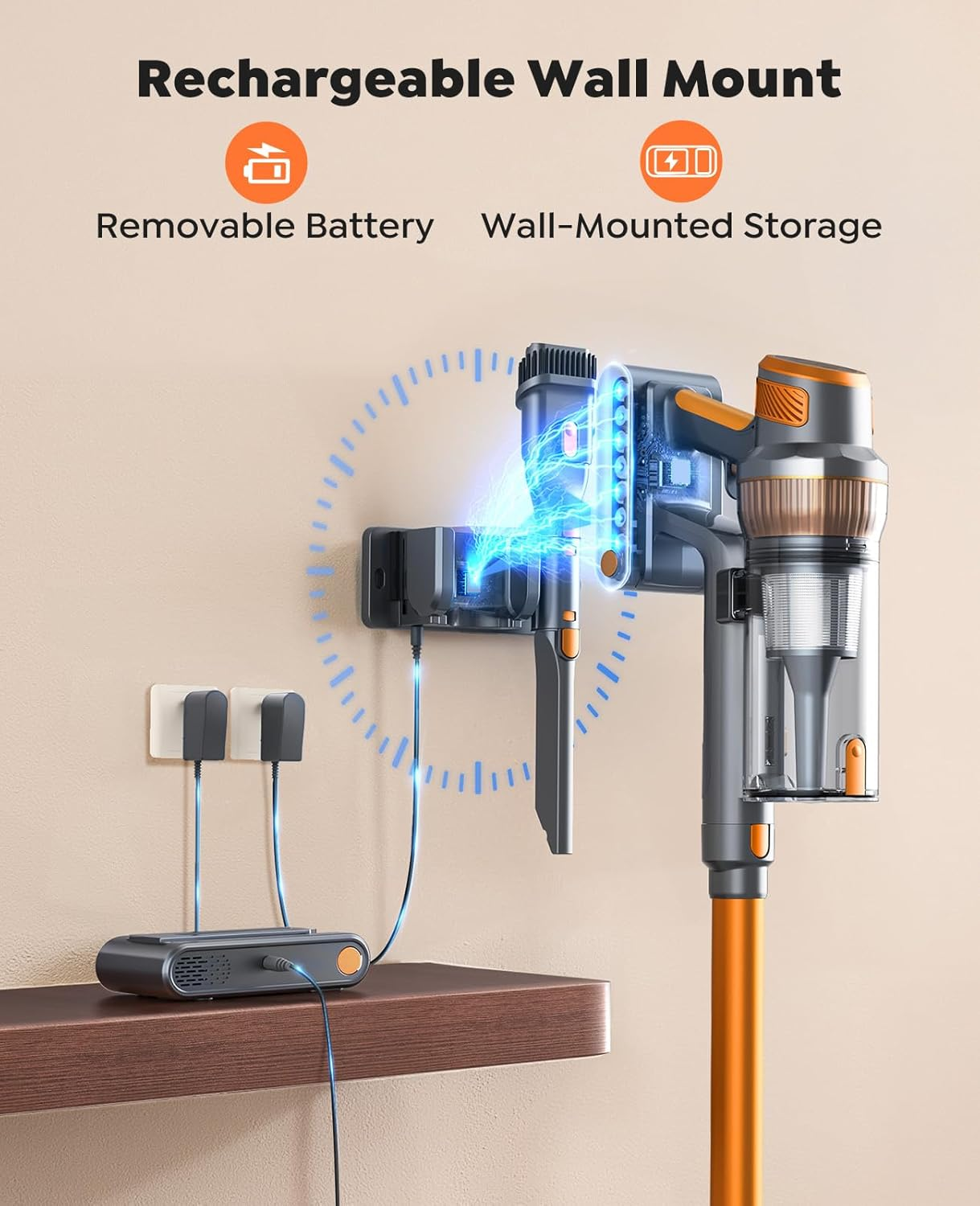 Cordless Vacuum Cleaner, Upgraded 600W/50KPA 65Mins Detachable Battery, Powerful Stick Vacuum with Self-Standing Feature, Auto Mode, Wall Charging, LED Display, Vacuum 1M Extendable Hose for Home/Car image number 5