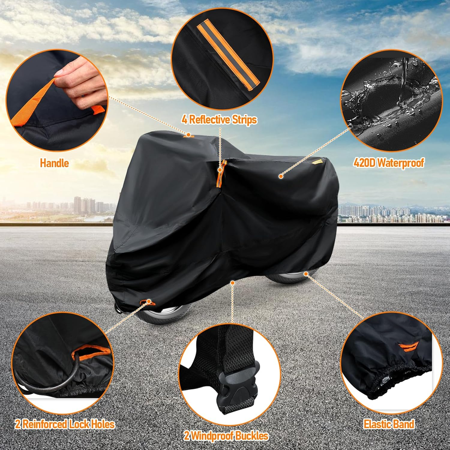 Motorcycle Cover Waterproof, 420D All Season Outdoor Protection, Heavy Duty Motorcycle Cover with Reflective Tape and Lock Holes Vehicle Cover (Black, XL) image number 4