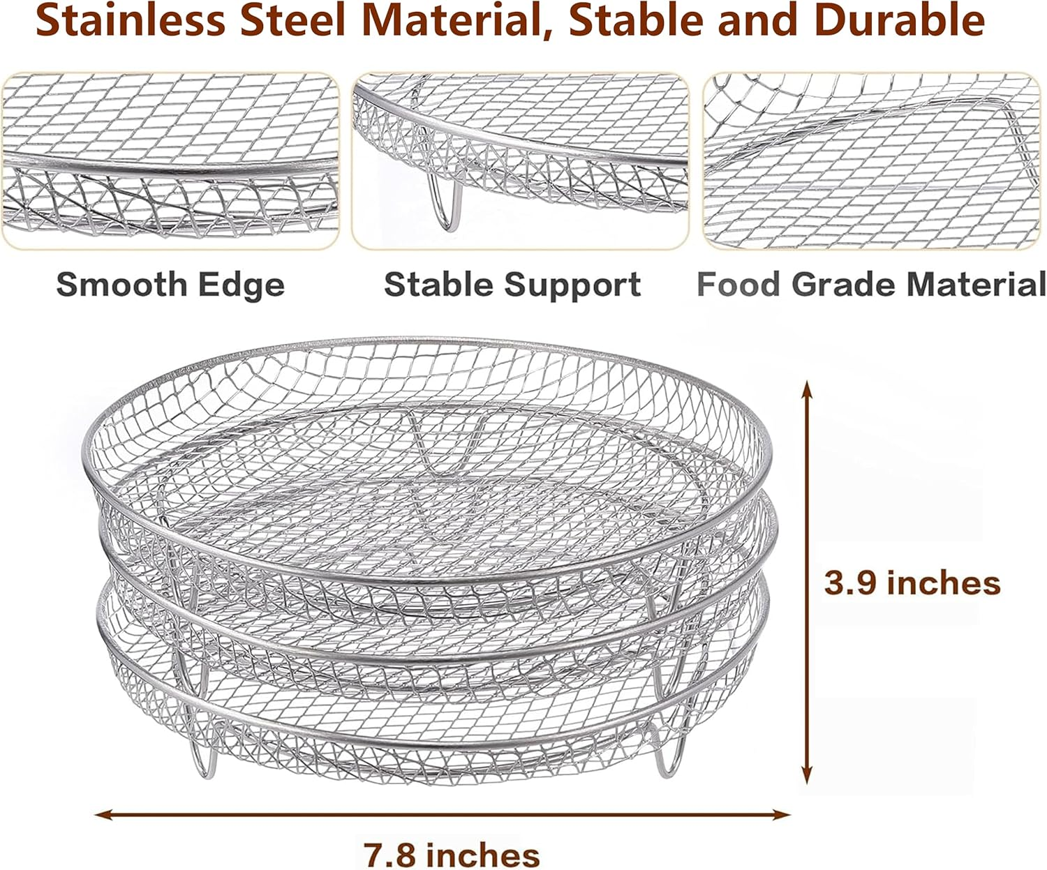 Air Fryer Accessories, 3-Layer Stackable Air Fryer Tray, 7.8X7.8 Inch round Rack, Stainless Steel, Space-Saving, Dishwasher Safe, for Ninja, Cosori, Gowise, Oven with Clip & Silicone Feet image number 2