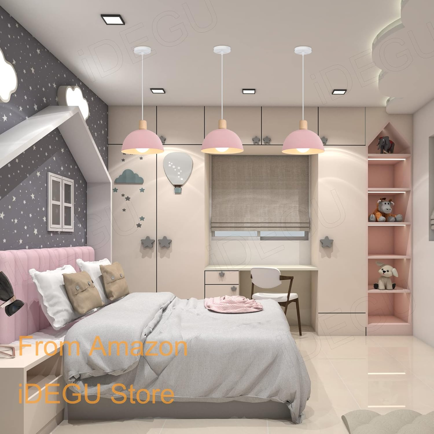 Idegu Diameter 20 Cm Pendant Lamp Retro E27 LED Pendant Light Modern Scandinavian Ceiling Light Made of Metal Wood Pendant Light for Bedroom Dining Room Kitchen Restaurant (Pink, 1 Piece) image number 3