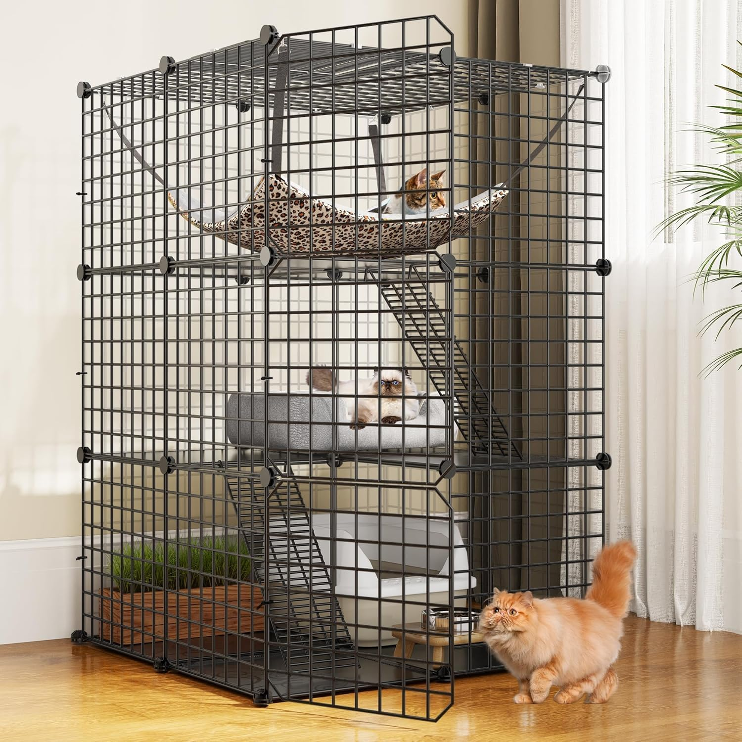Advwin 3-Tier Cat Cage, Indoor Cat Enclosures DIY Cat Playpen Metal Kennel with Extra Large Hammock for 1-2 Cats, Ferret, Chinchilla, Rabbit, Small Animals image number 4