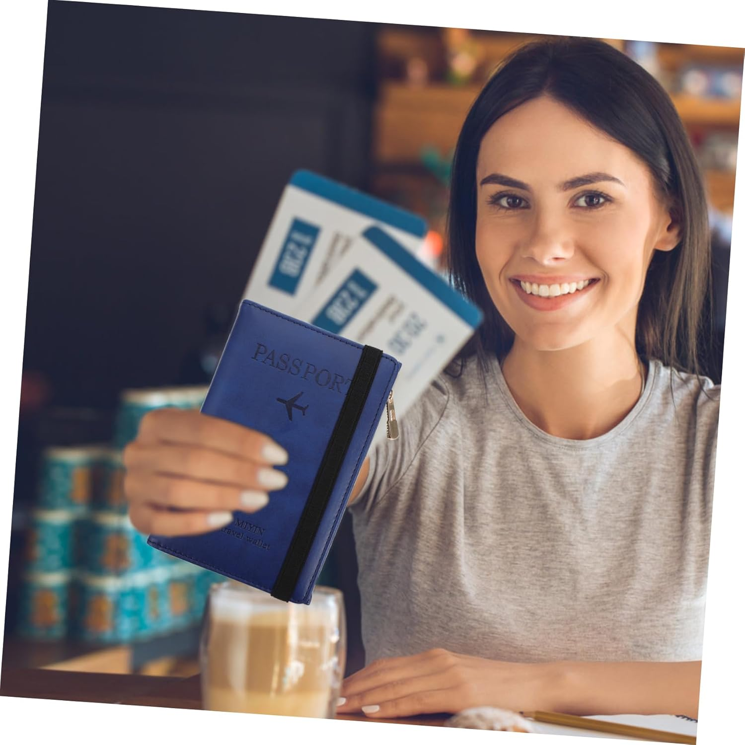 BCOATH Travel Passport Protector Pu Passport Holder RFID Blocking Card Cover with Zipper Gate Pass Holder for Men and Women Short Blue - Navy image number 3