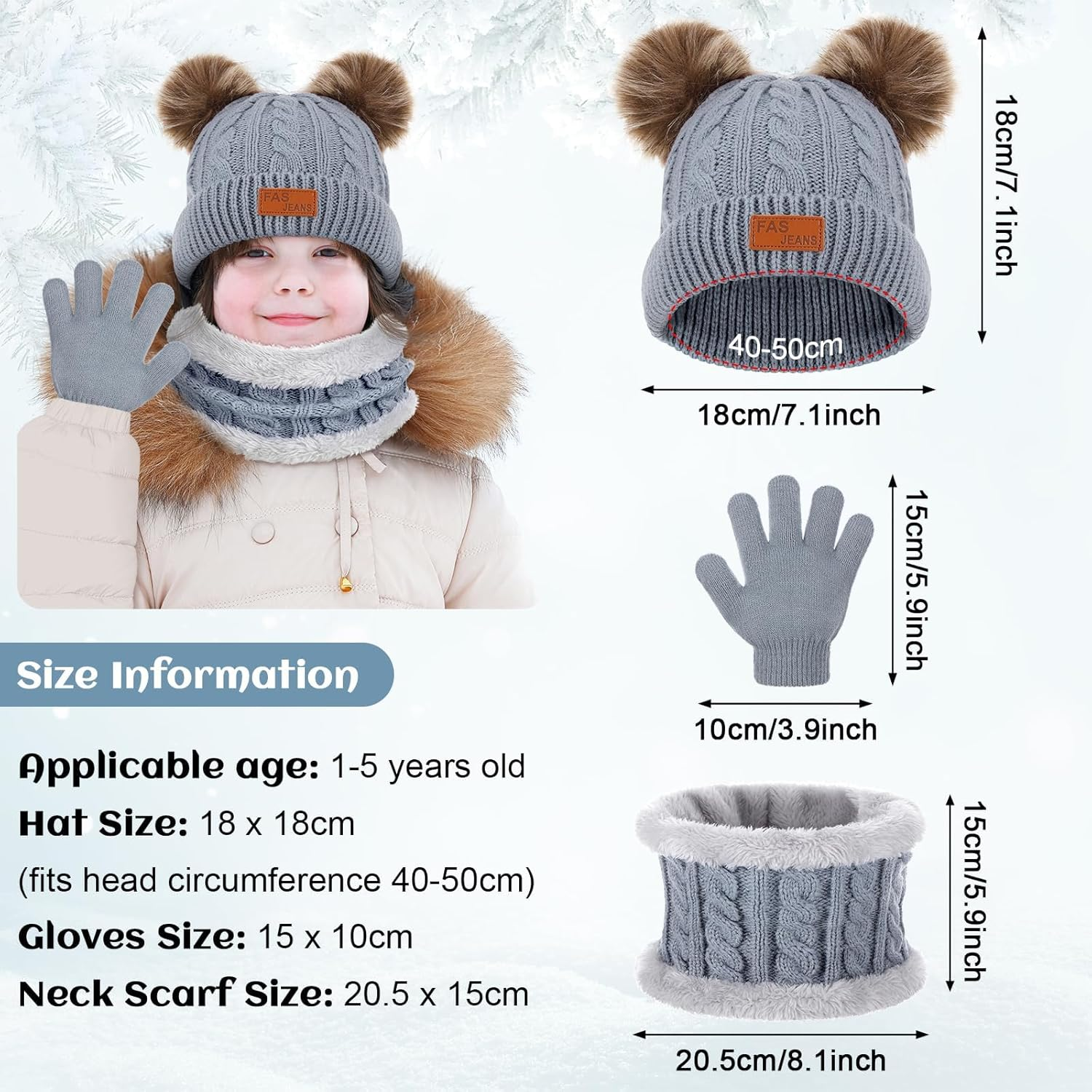 Kids Hat Scarf Gloves Set, 3 in 1 Winter Pom Pom Hat Scarf Gloves Set for Girls Boys, Thermal Knit Thick, Kids Winter Warm Beanie Hat Scarf Gloves Set for 1-5 Toddler Outdoor Activities image number 3