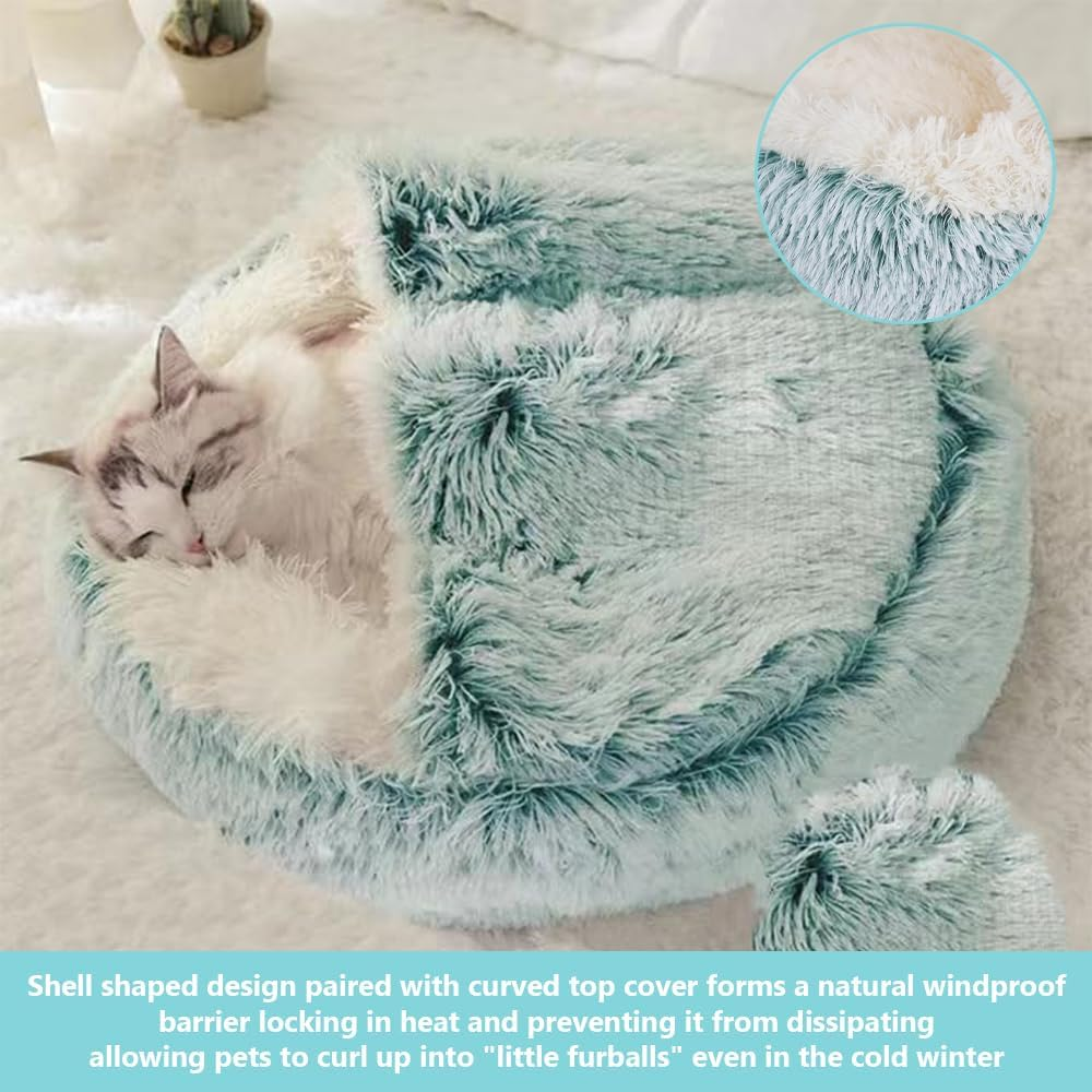 Cat Bed round Plush Fluffy Hooded Cat Bed Cave, Cozy for Indoor Cats or Small Dog Beds, Soothing Pet Beds Doughnut Calm Anti-Nxiety Dog Bed - Waterproof Bottom Washable, 20 Inches (Green, 60 Cm) image number 2