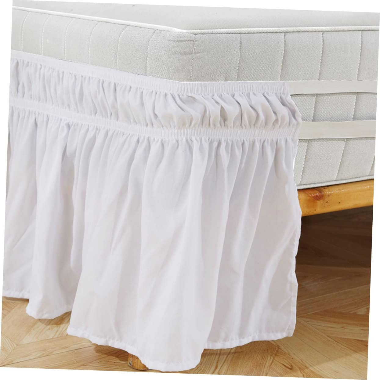 JEWEDECO Solid White Elastic Pleated Design 100% Polyester Fits Queen Size Easy to Install for Bedroom Decor