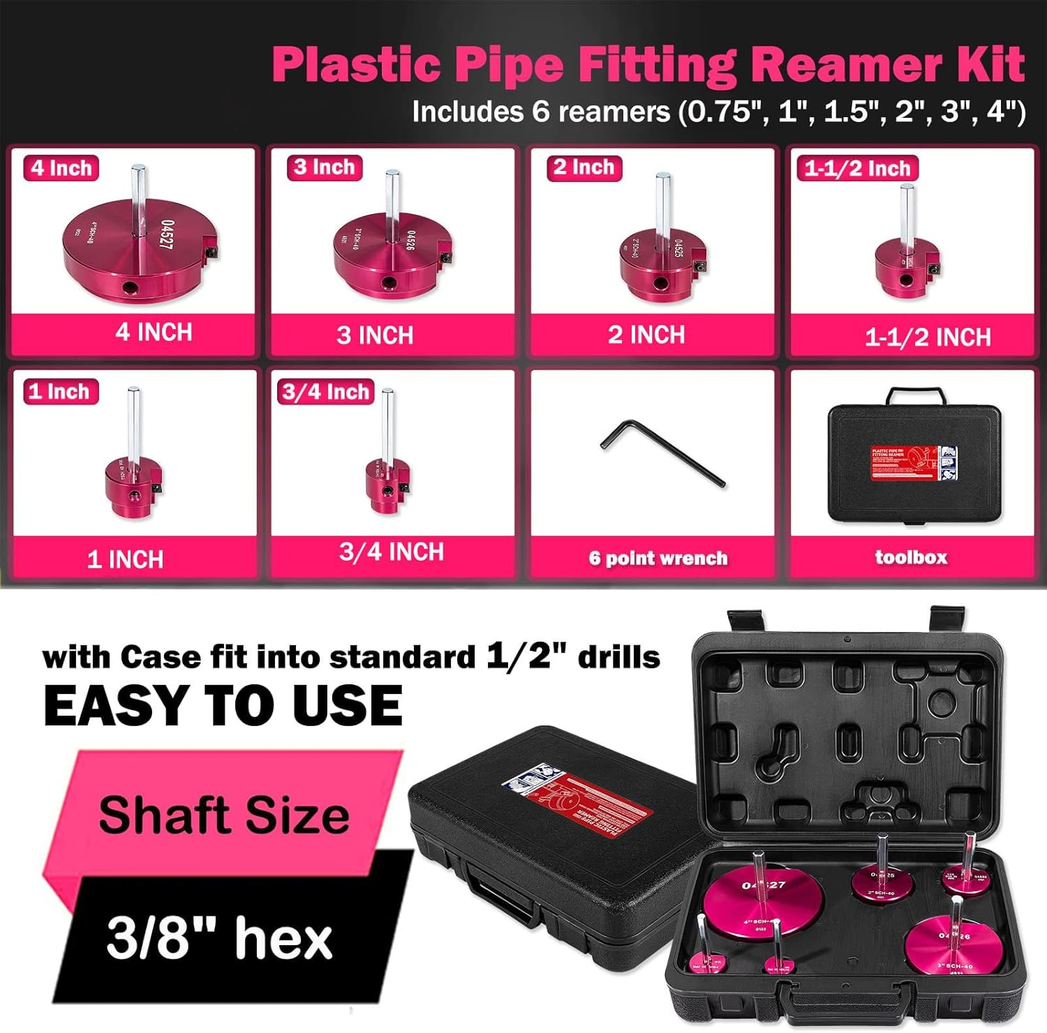 04529 for PPRK6 Plastic Pipe Fitting Reamer 6 Piece Kit Fit into Standard 1/2" Drills PVC Pipe Reamer Tool Contains PPR75, PPR100, PPR150, PPR200, PPR300 and PPR400