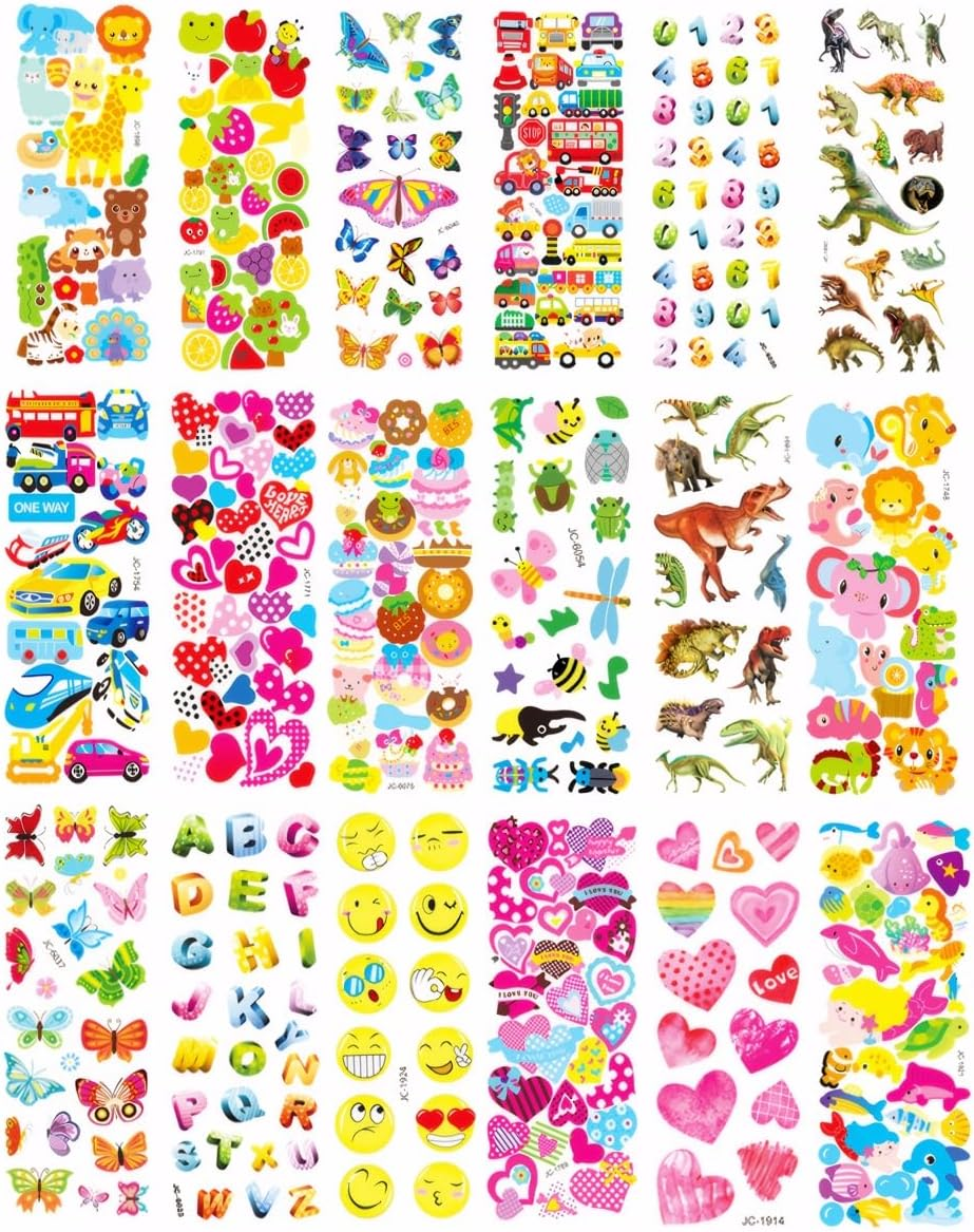 3D Puffy Stickers for Kids & Toddlers, 500+ Bulk Scrapbook Stickers, 20 Different Sheets, Cute Stickers Variety Pack for Teens Including Dinosaurs Animals Fishes Hearts Number Cars and More image number 1