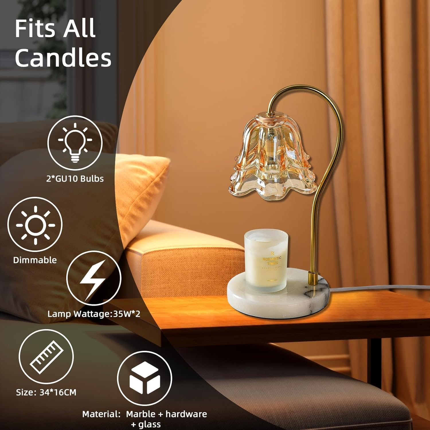 Candle Warmer Lamp, Flower Glass Candle Warmer Light, Dimmable Table Lamp, Vintage Candle Lamp with Marble Base, for Women, Mom, Female Friend, Romantic Vintage Style Gifts (Amber) - Amber image number 6