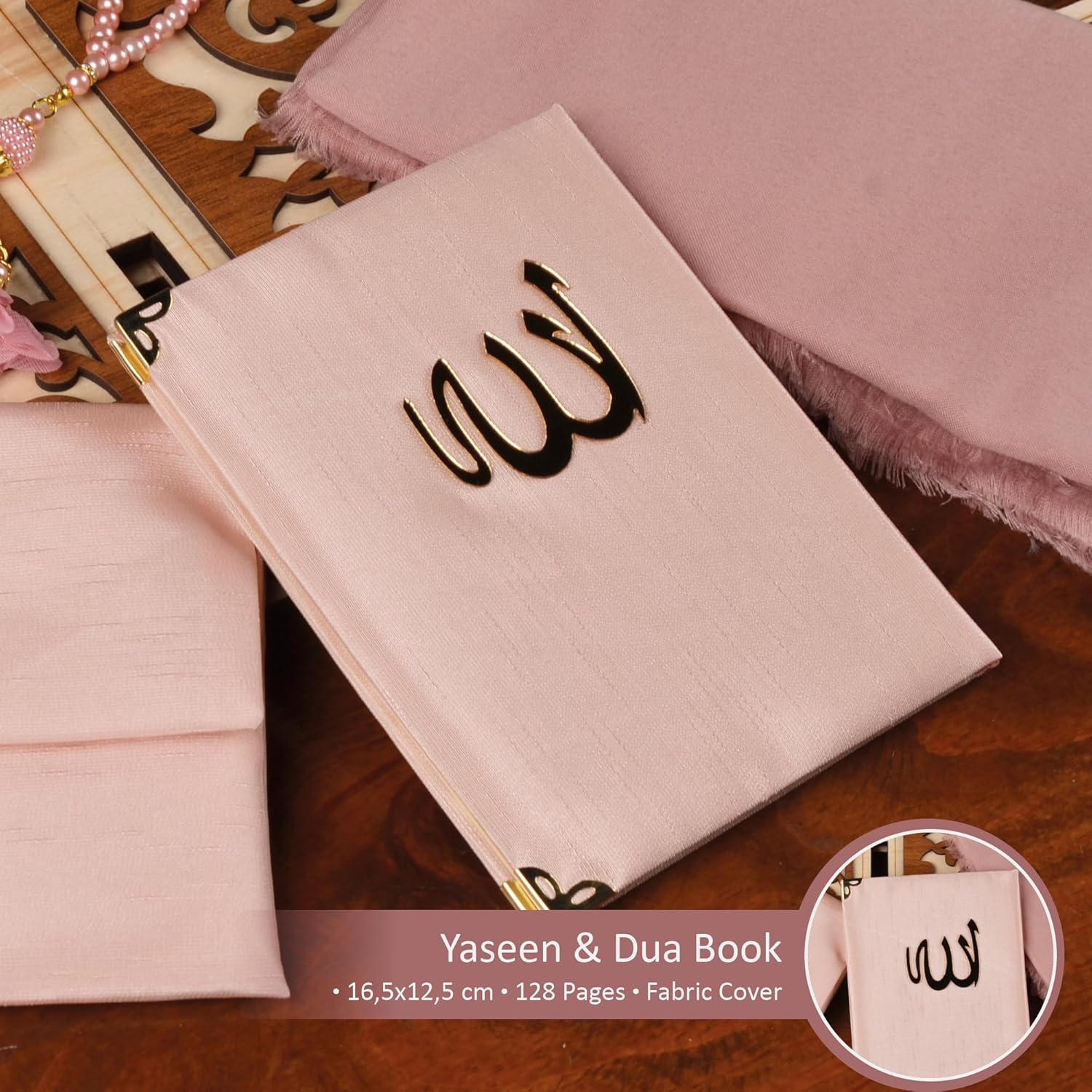 Islamic Gift Set, Velvet Prayer Mat, Prayer Beads, Shawl and Yaseen Book, Perfect Family and Eid Gifts (Pink) - Gray image number 6