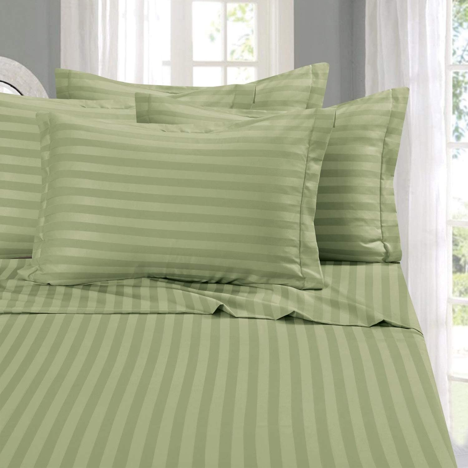 Elegant Comfort Super Silky Soft - 1500 Thread Count Egyptian Quality Luxurious Wrinkle, Fade, Stain Resistant 6-Piece Stripe Bed Sheet Set, Queen Green