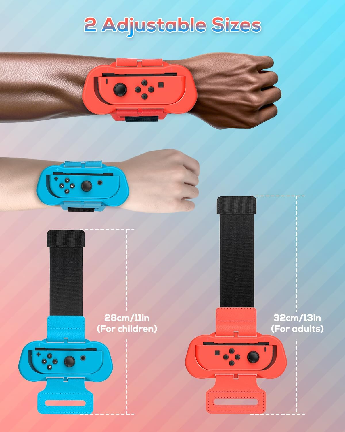 Wrist Bands for Just Dance 2020 2019 and Zumba Burn It up for Nintendo Switch Controller Game, Adjustable Elastic Strap for Joy-Cons Controller, Two Size for Adults and Children, 2 Pack (Red and Blue) - Blue,Red image number 1