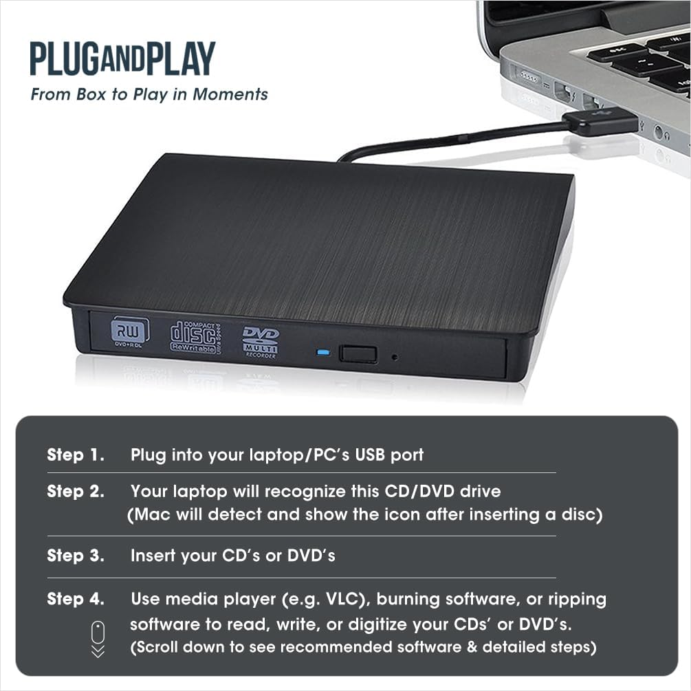 ROOFULL External CD DVD Drive for Laptop, USB 3.0 Type-C Portable CD/DVD Player Burner Reader Writer Adapter for Windows 11/10 Computer Mac Macbook Linux PC