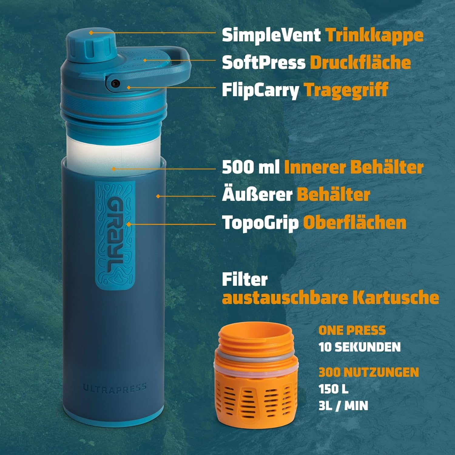 GRAYL Ultra Press Premium Outdoor Water Filter Mega Bundle with Replacement Filter 300L Drinking Water Removes 99.99% Bacteria & Viruses for Camping, Survival & Travel - Forest Blue + Black image number 4