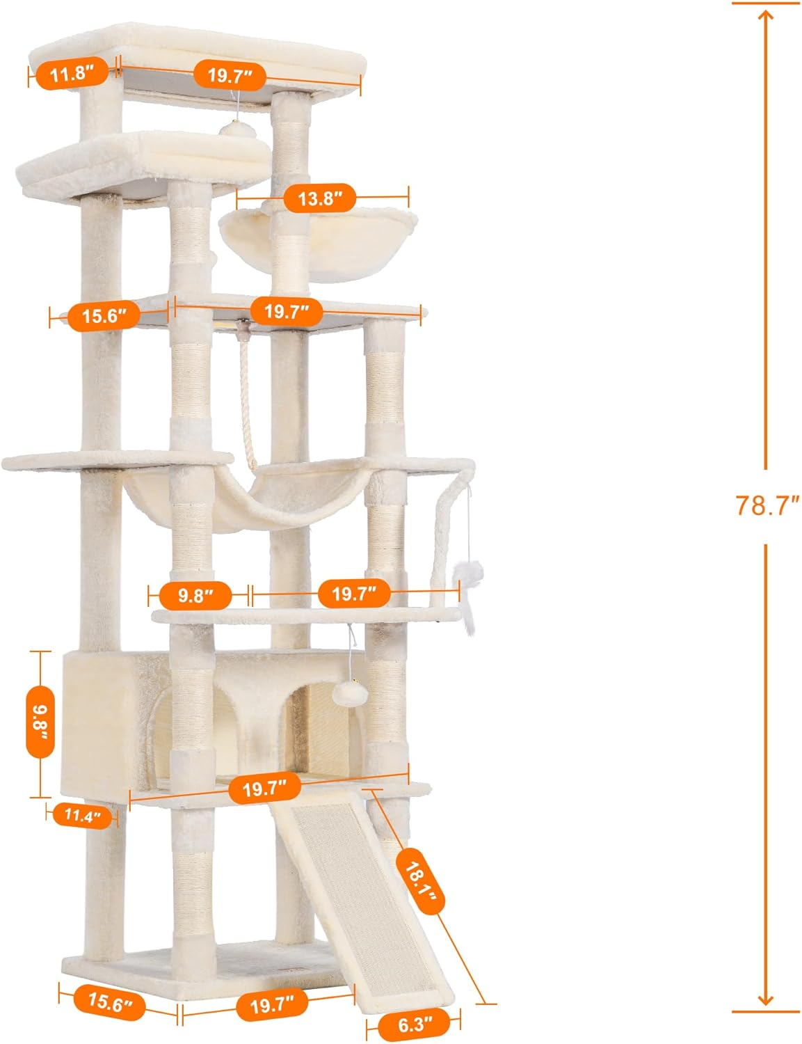 Heybly Tall Cat Tree,78 Inch Multi-Level Cat Tower for Indoor Cats,2 Widened Plush Perches Cat Condo with Scracthing Board and Big Caves,Beige HCT033M image number 3