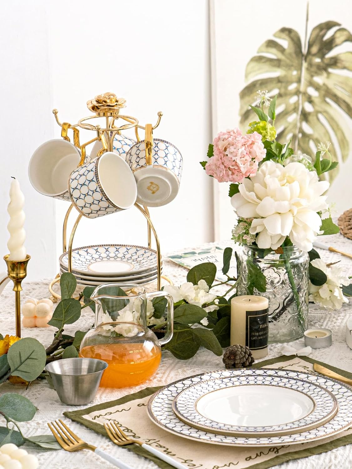 Cwlwgo-European Style Ceramic Coffe Cup and Saucer Sets, 7 Oz Bone China Beautifully Glazed Blue Gold Tea Cup Set, Golden Spoon,Cappuccino, Latte, Suitable for Women'S Gifts (4 Pack).&hellip;&hellip; image number 5