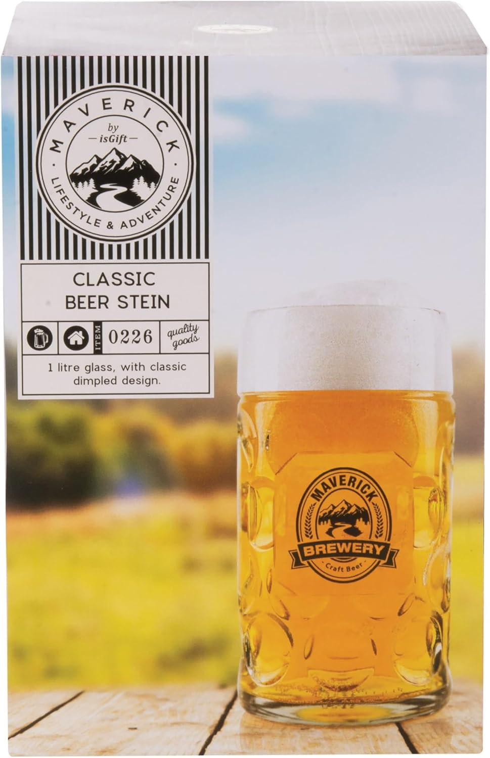 Isgift Maverick Classic Glass Beer Stein, Clear, 1L, Traditional Dimple Design with Logo, Great for Enjoying Cold Beers, Ideal for Home Bars and Bbqs image number 4