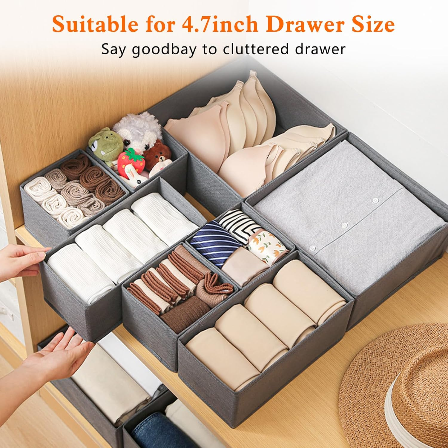12 Pack Clothes Drawer Organiser, Foldable Drawer Organizers for Clothing, Stackable Storage Bins for Socks Bra Towels Ties (Grey) image number 4