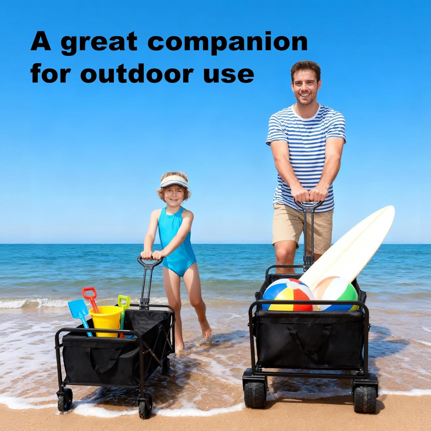 Folding Wagon Cart Heavy Duty, 150Kg(330Lbs) Capacity, Collapsible Utility Cart with Silent Wheels for Camping Beach Grocery Shopping Garden, Adjustable Handle image number 3